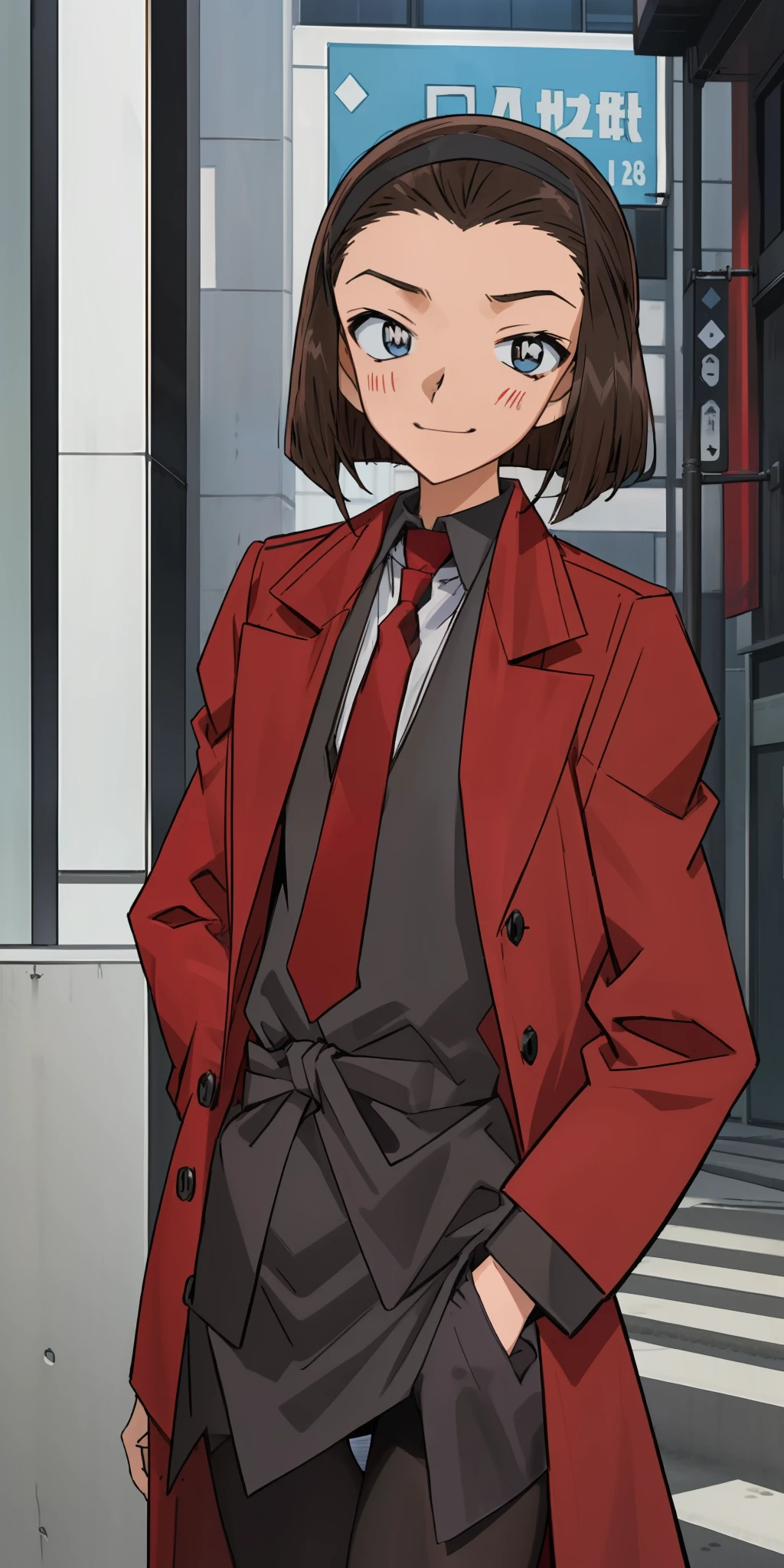 ((masterpiece)), (8k, high_resolution),(best quality), Sonoko, 1girl, solo, blue eyes, pale face, anemic face, bruises under the eyes, black hair, short hair, brown hairstyle, smile, distance look, street, city, outdoor, beautiful eyes and detailed face, medium chest, ((coat, red coat, black shirt, red tie, black tights: 1.2)), whole body