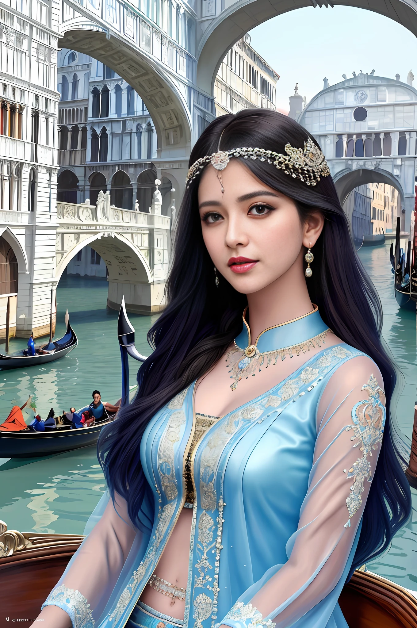 A professionally magnificent realistic painting by Ravi Velma, intricate,a hyper realistic ultra detailed photograph of a beautiful girl as a female 2020s dancer on the boat of 2020s Venice,(Bridge Of Sighs background),(princess eyes,shiny pupils), detailed symmetric beautiful hazel eyes, detailed gorgeous face,highly detailed,vibrant
