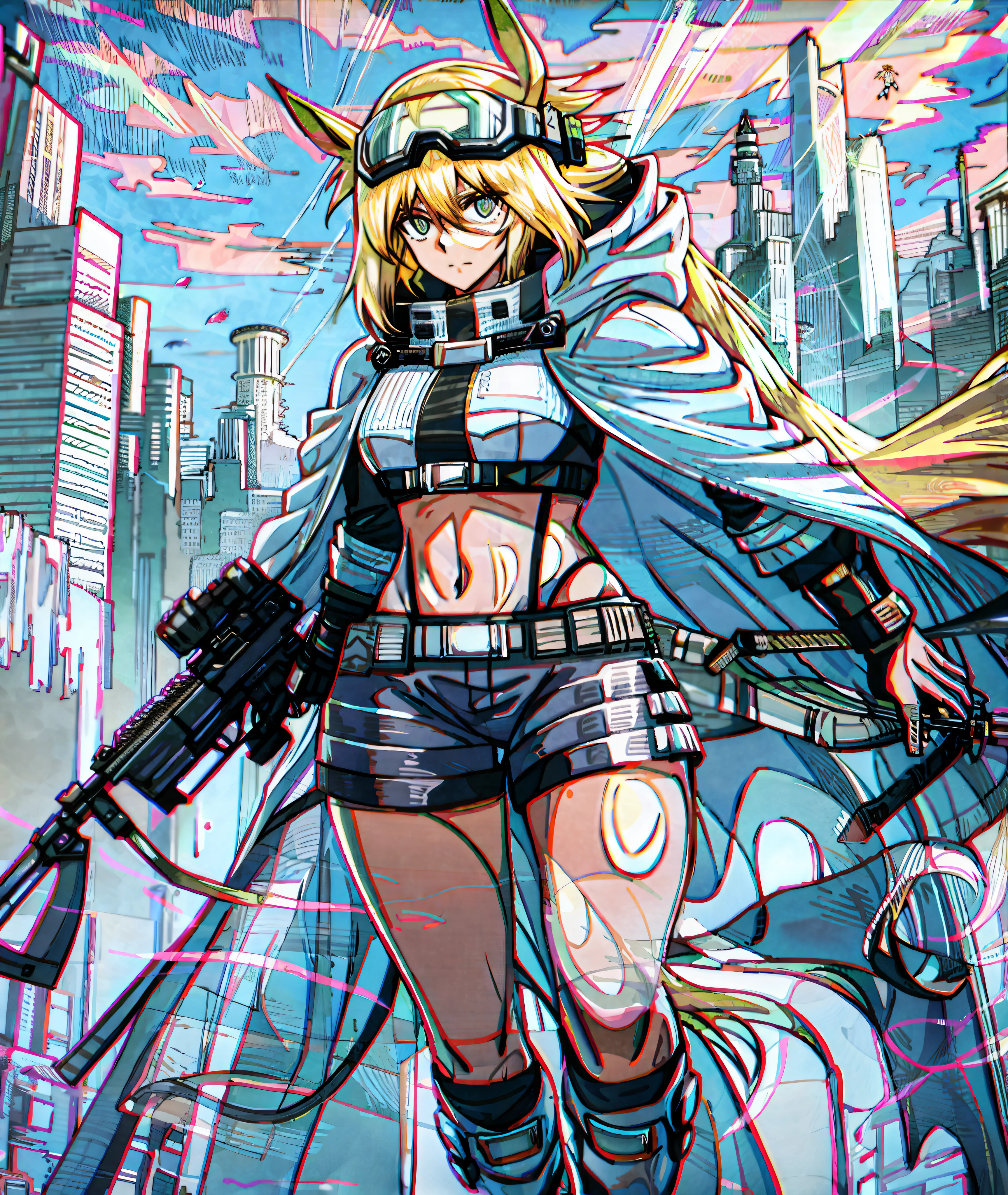 Silent dusk city background, single full body standing painting, simple protection, white translucent hooded trench coat, crop navel, hot pants, leg decoration, windproof goggles, bright blonde eyes, blonde hair, gun master, horse girl, heroic royal sister, kind and friendly big sister next door, reliable mature woman, trustworthy comrades-in-arms, ark of tomorrow, best quality, high resolution, best quality, high quality, detailed key anime art, best anime, 8k