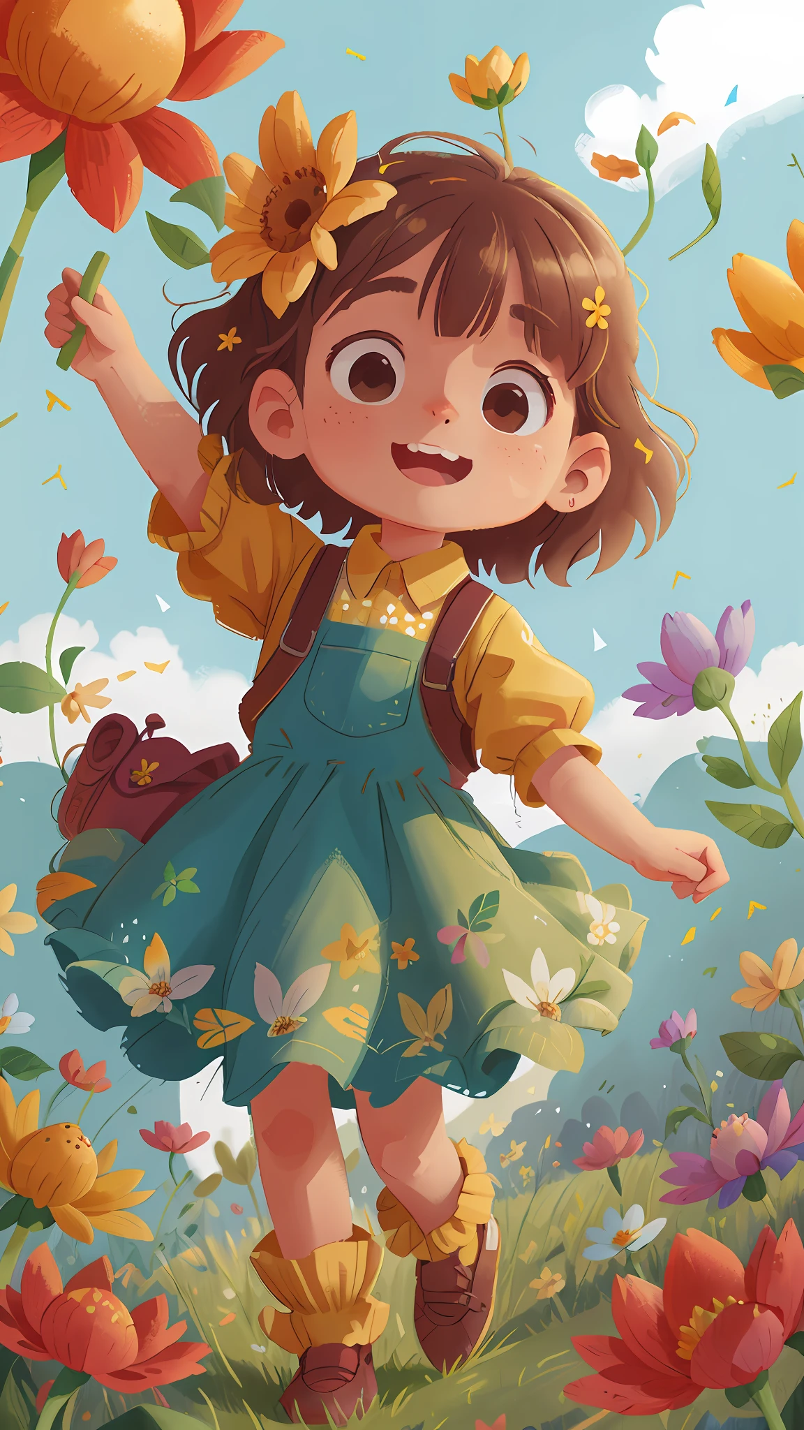 A girl holding flowers, colorful balloons floating in the sky, meadow, dancing, holding flowers, happy, happy, perfect quality, clear focus (clutter-home: 0.8), (masterpiece: 1.2) (Realistic: 1.2) (Bokeh) (Best quality) (Detailed skin: 1.3) (Intricate details) (8K) (Detail Eyes) (Sharp Focus), (Happy)