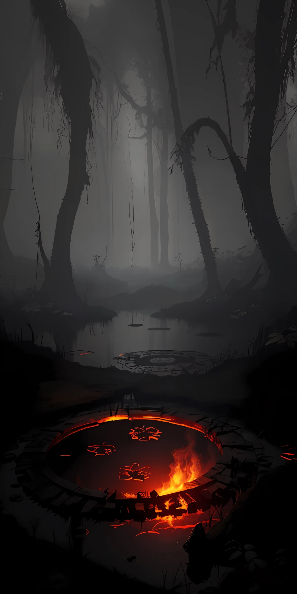 a closeup of a circular object of fire in a swamp with trees, artistic swamp with mystical mist, dark swamp, with cinematic lighting fire swampy atmosphere, hazy swamp, misty swamp, misty swamp, swamps, a sinister whirlpool, photorealistic dark concept art, mystical forest fire pond, swampy forest, mysterious vibration, strange atmosphere, lights as if it were mysterious jungle fire,  mysterious, stream, scary forest, beautiful scary dark landscape