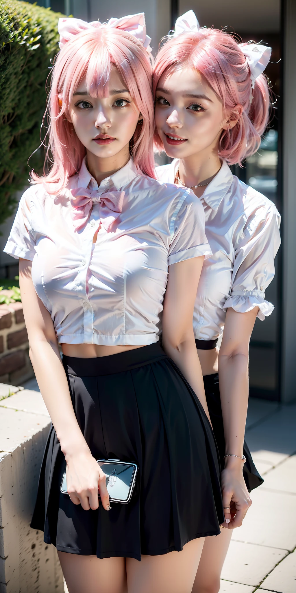 Two girls with pink hair, white blouse, pink bows. Short black skirt, cute