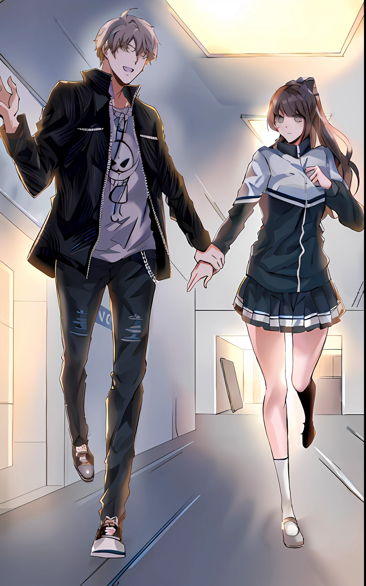 anime image of a man and a woman walking down a hallway, style anime, yandere. tall, visual novel cg, ; visual novel, in style of cytus and deemo, kantai collection style, high quality fanart, in anime style, pixiv style, girls frontline style, digital art from danganronpa, anime artstyle, modern anime style