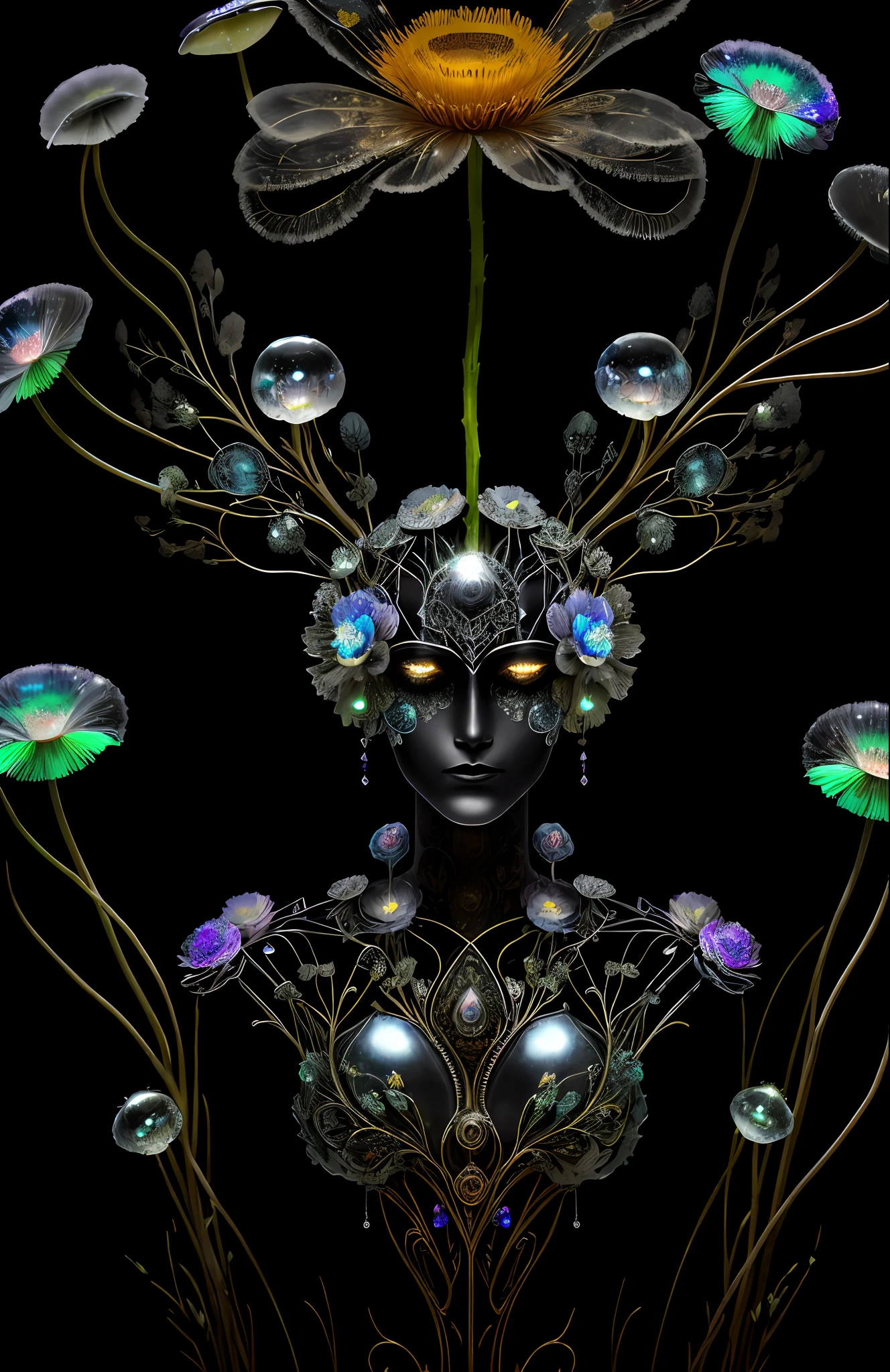 "Rosen maiden, (masterpiece, best quality), (illustration), strange fungal disease dense forest, transparent sticky substance, caustics, crystals, close-up, intricate details, dark background, sparkling spores, rainbow crystals, darkness", made of metal, cyborg: 1.1, [detailed wire]: 1.3, (complex details), HDR, (complex details, hyperdetailed: 1.2),