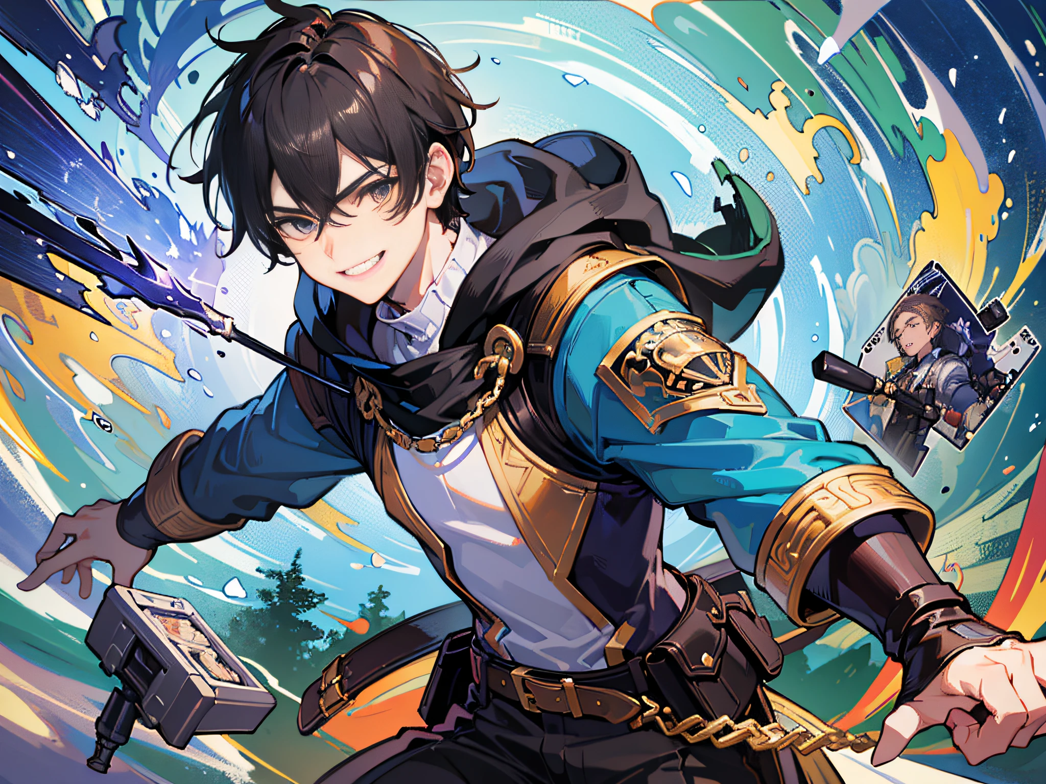 ((best quality)), ((ultra-detailed))). (((Masterpiece))), illustration. 1 boy game character defeats a large group of enemies, surrounded by dropped game rewards, 1 boy holds a gamepad and shows a smug smile. Honor of Kings game scene