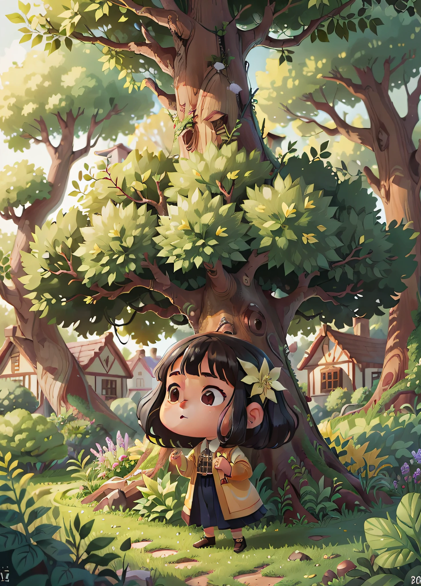 Large tree in the middle of the garden in the backyard of a house with a 5 year old girl standing in front of tree, lineart, illustration, best quality, masterpiece, ultra high resolution, perfect quality, clear focus, (masterpiece: 1.2) (Realistic: 1.2) (Bokeh) (Best quality) (Intricate Details) (8K) (Sharp Focus) (Detailed Skin) (Black Hair)