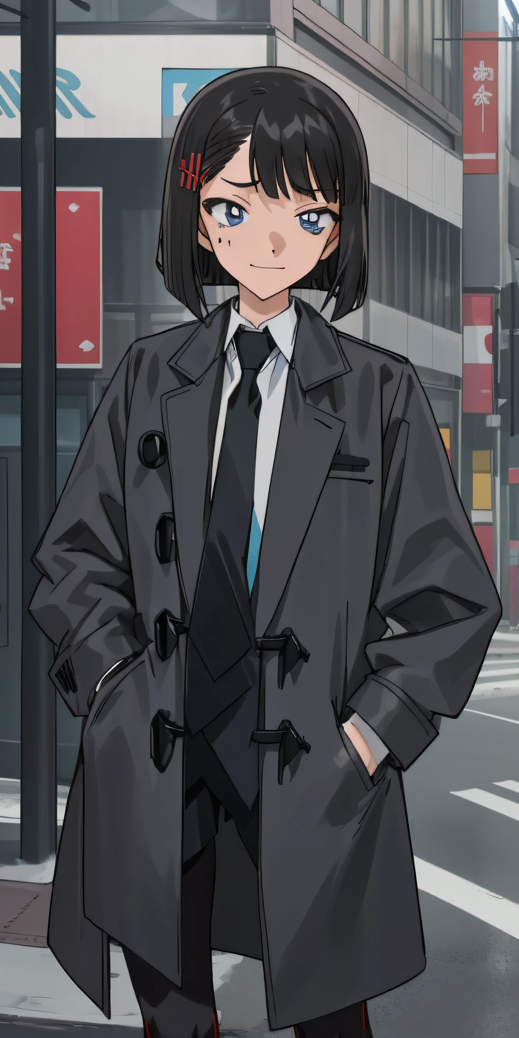 ((masterpiece)), (8k, high_resolution),(best quality), Sonoko, 1girl, solo, blue eyes, pale face, anemic face, bruises under the eyes, black hair, short hair, bob hairstyle, smile, distance look, street, city, outdoor, beautiful eyes and detailed face, medium chest, hands in pockets, ((coat, black coat, black shirt, red tie, black tights: 1.2)), whole body