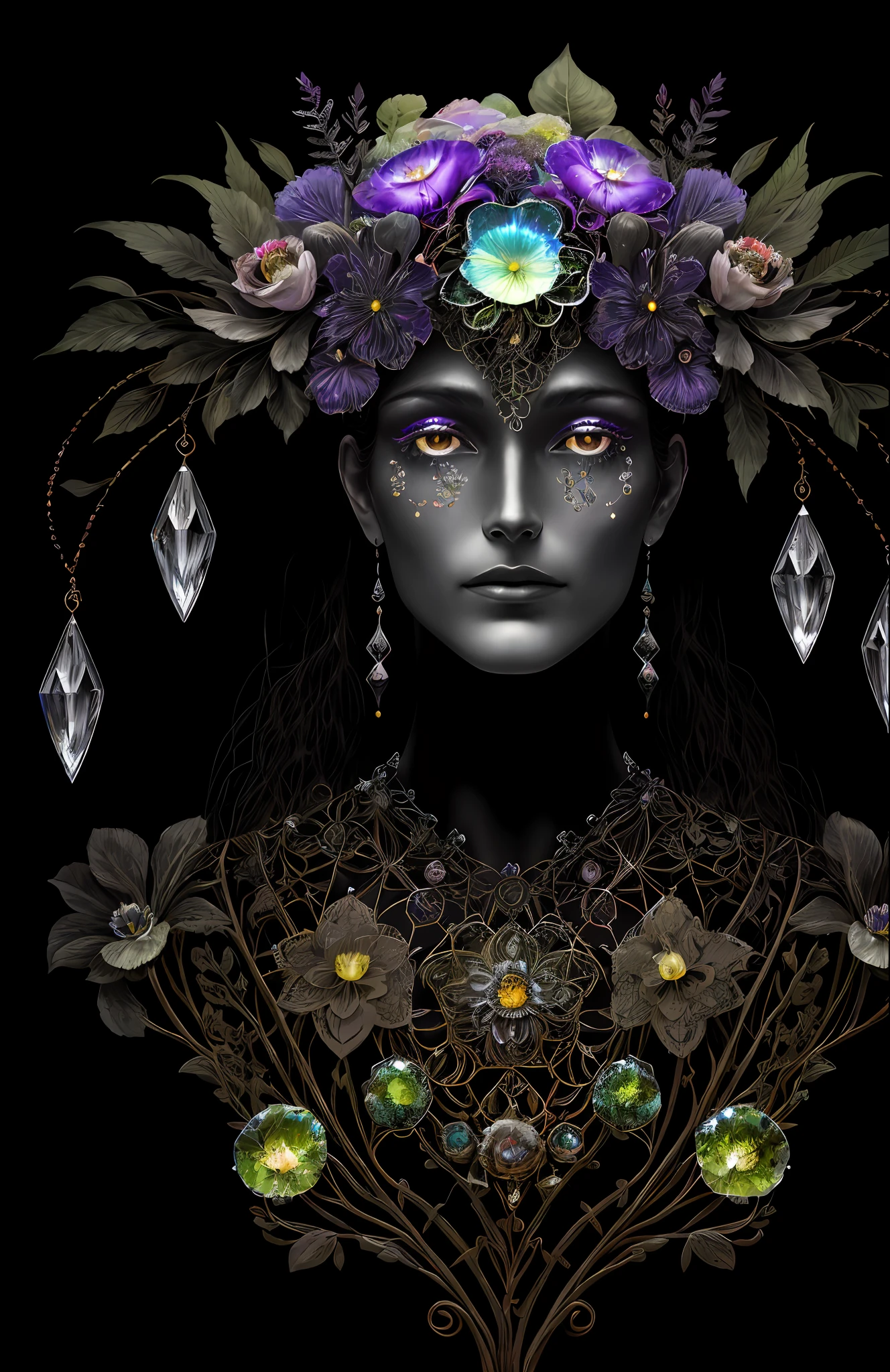 "Rosen maiden, (masterpiece, best quality), (illustration), strange fungal disease dense forest, transparent sticky substance, caustics, crystals, close-up, intricate details, dark background, sparkling spores, rainbow crystals, darkness", made of metal, cyborg: 1.1, [detailed wire]: 1.3, (complex details), HDR, (complex details, hyperdetailed: 1.2),
