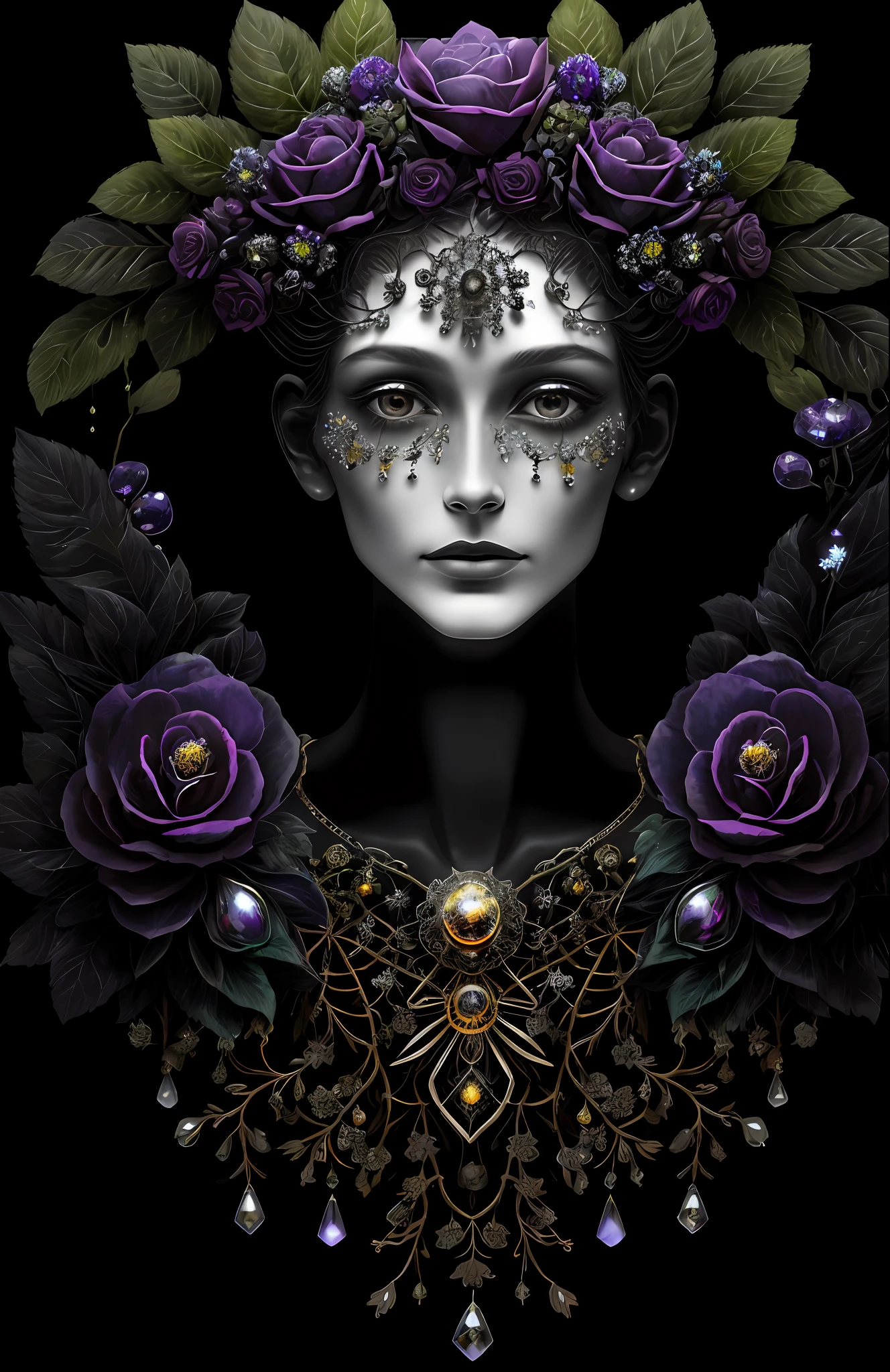 "Rosen maiden, (masterpiece, best quality), (illustration), strange fungal disease dense forest, transparent sticky substance, caustics, crystals, close-up, intricate details, dark background, sparkling spores, rainbow crystals, darkness", made of metal, cyborg: 1.1, [detailed wire]: 1.3, (complex details), HDR, (complex details, hyperdetailed: 1.2),