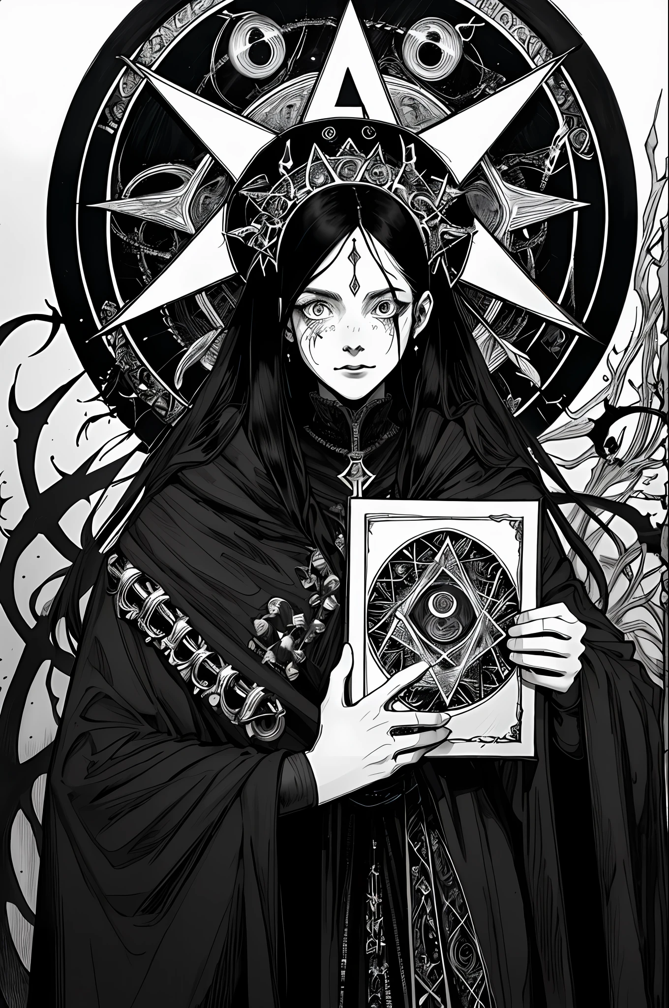 a black and white drawing of a woman holding a picture, occultist, occult art, ((((occult art)))), abstract occult epic composition, cultist, highly detailed dark art, occult cyberpunk, occult details, mark riddick, occult inspired, occult, modern occultist, by Kristian Zahrtmann, monochrome drawing, shamanic horror lsd art