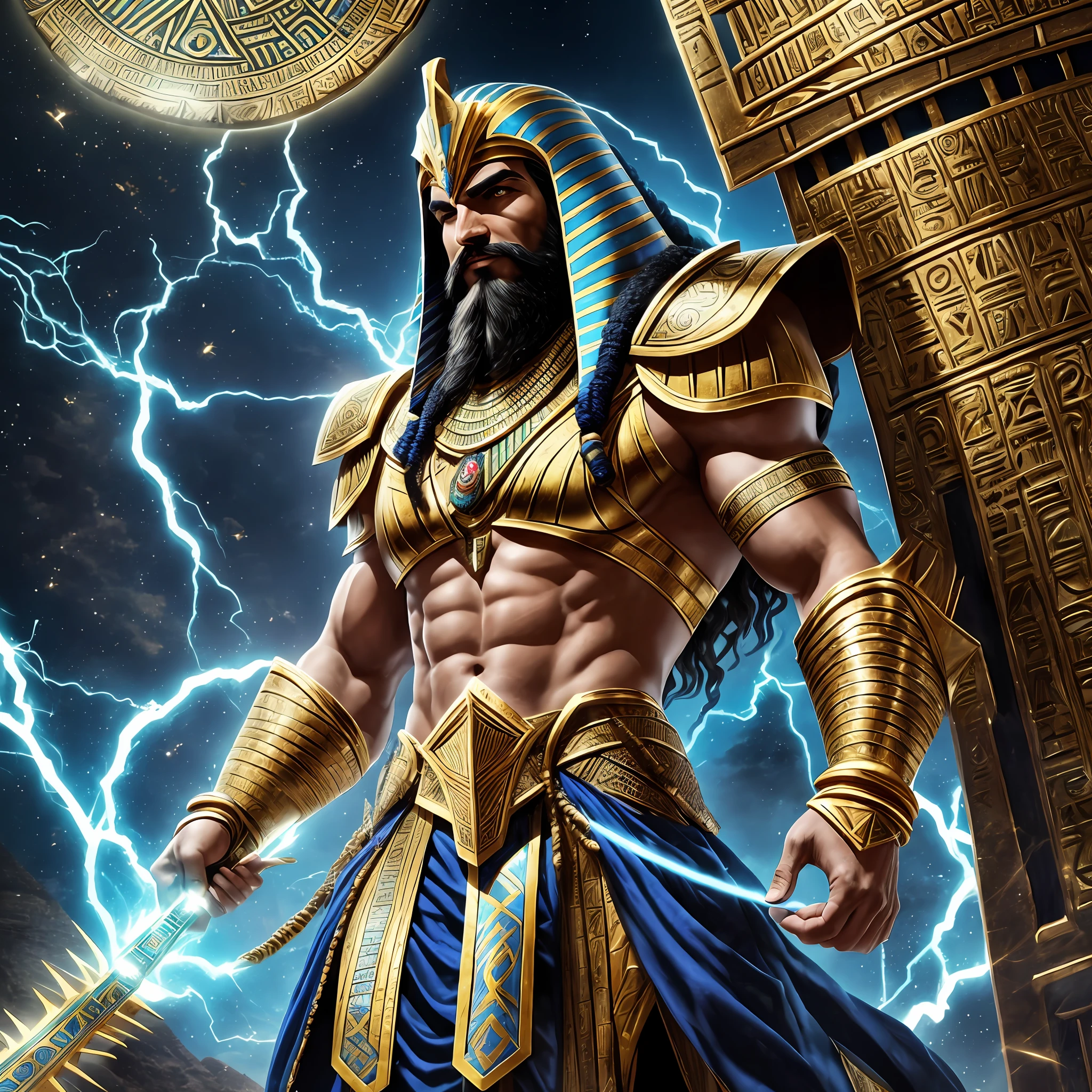 an image of an egyptian man in armor, God Anunnaki, Black beard and black hair, from the back of his head is blue and electricity, his eyes are shining blue, his beard is black and smooth like old Persian Achaemenid soldiers, muscular, his hand is electricity, he is smiling, standing, high quality, perfect, as atlantean reptilian warriors, jason momoa as assyrian, pharaoh clothes, egyptian cyborg armor, egyptian gods, concept art of god, pharaoh, egypt god, wind egyptian god, the egyptian god, apophis, kemetic, egyptian god, the annunaki making humans --auto --s2
