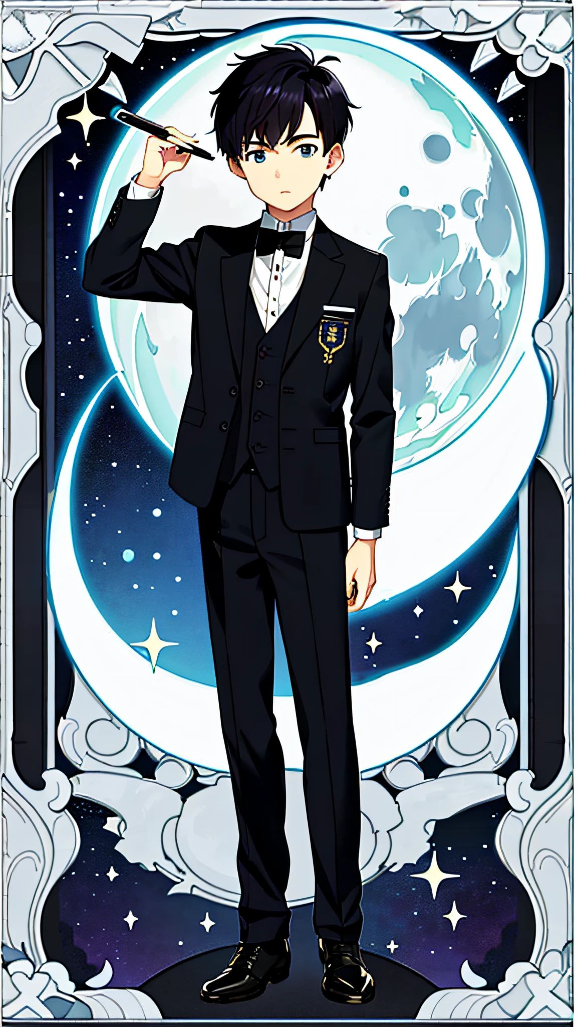 masterpiece, best quality, full body, card, 1 boy, the moon, calm, wisdom, clever, short hair, black hair, brush cut, white shirt, standing, white, blue, black, purple, book, pen, boy, child, undercut, suit