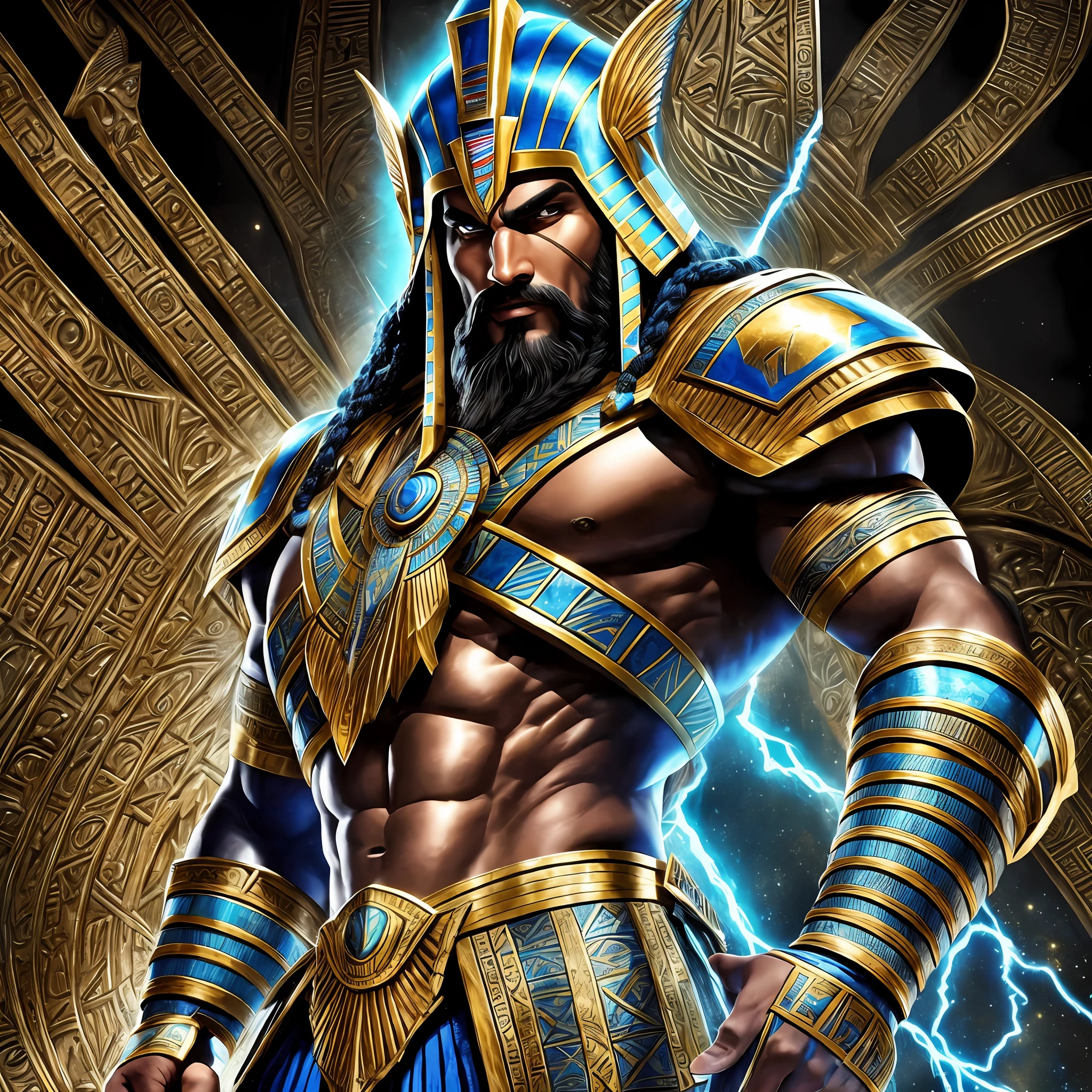 an image of an egyptian man in armor, God Anunnaki, Black beard and black hair, from the back of his head is blue and electricity, his eyes are shining blue, his beard is black and smooth like old Persian Achaemenid soldiers, muscular, his hand is electricity, he is smiling, standing, high quality, perfect, as atlantean reptilian warriors, jason momoa as assyrian, pharaoh clothes, egyptian cyborg armor, egyptian gods, concept art of god, pharaoh, egypt god, wind egyptian god, the egyptian god, apophis, kemetic, egyptian god, the annunaki making humans --auto --s2