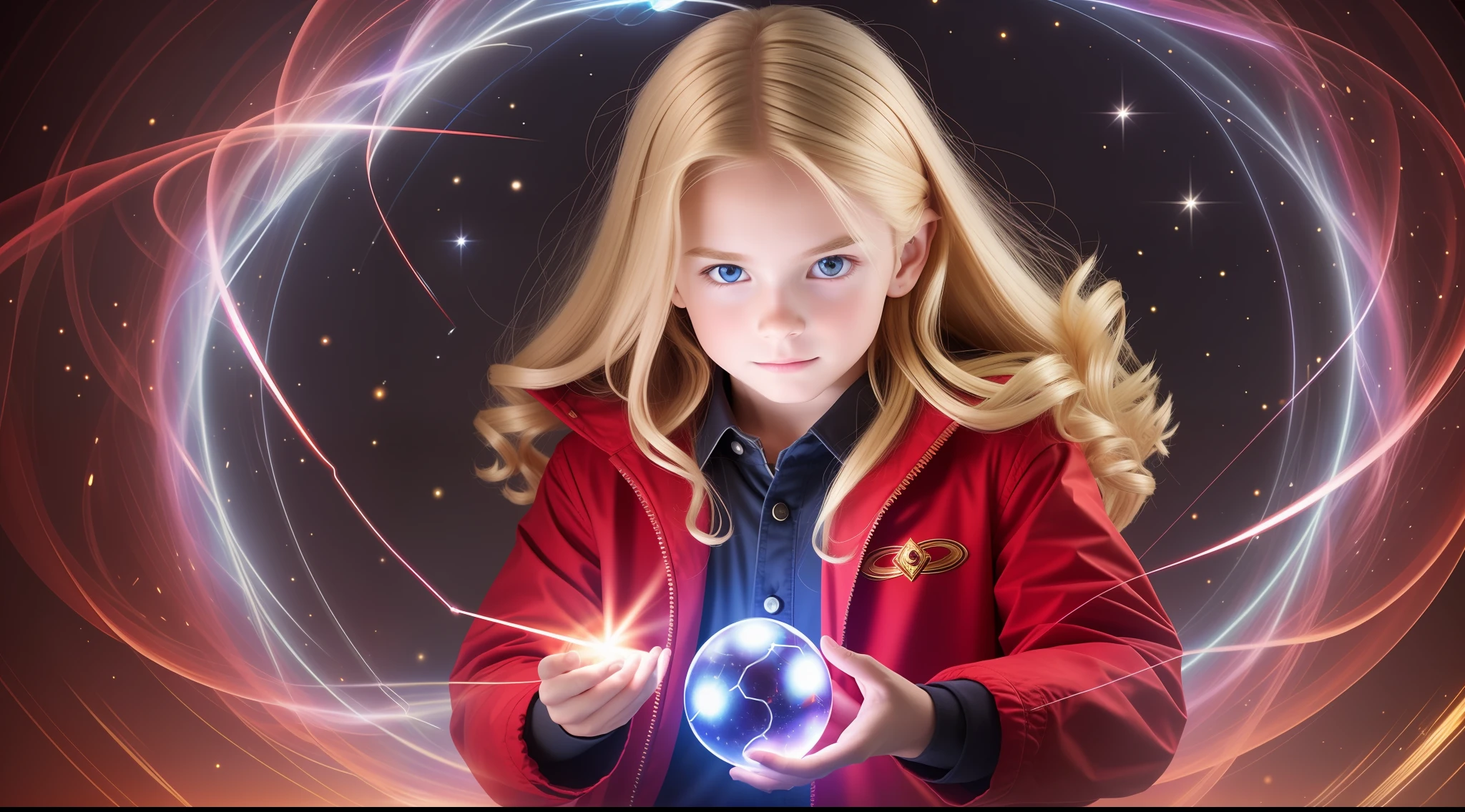 REALISTIC PHOTO, CLOSEUP, LONG BLONDE HAIRED BOY IN RED JACKETS, holding a glowing ball in his hands, mage pondering his orb, holding a glowing orb of dice, he is casting a lighting spell, holding a glowing orb, holding a crystal ball, psychic, crystal ball, cool marketing photo, stock photo,  predicting the future, stock image, plasma globe, well-lit professional photo, magic,