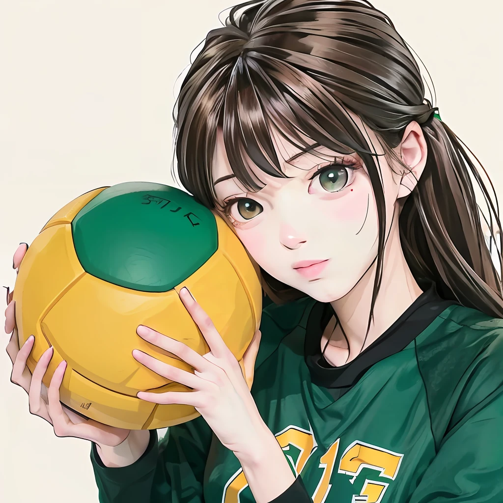 Volleyball player with brown hair and green eyes, 1.67 tall, relatively thin, bangs, haikyuu, volleyball,