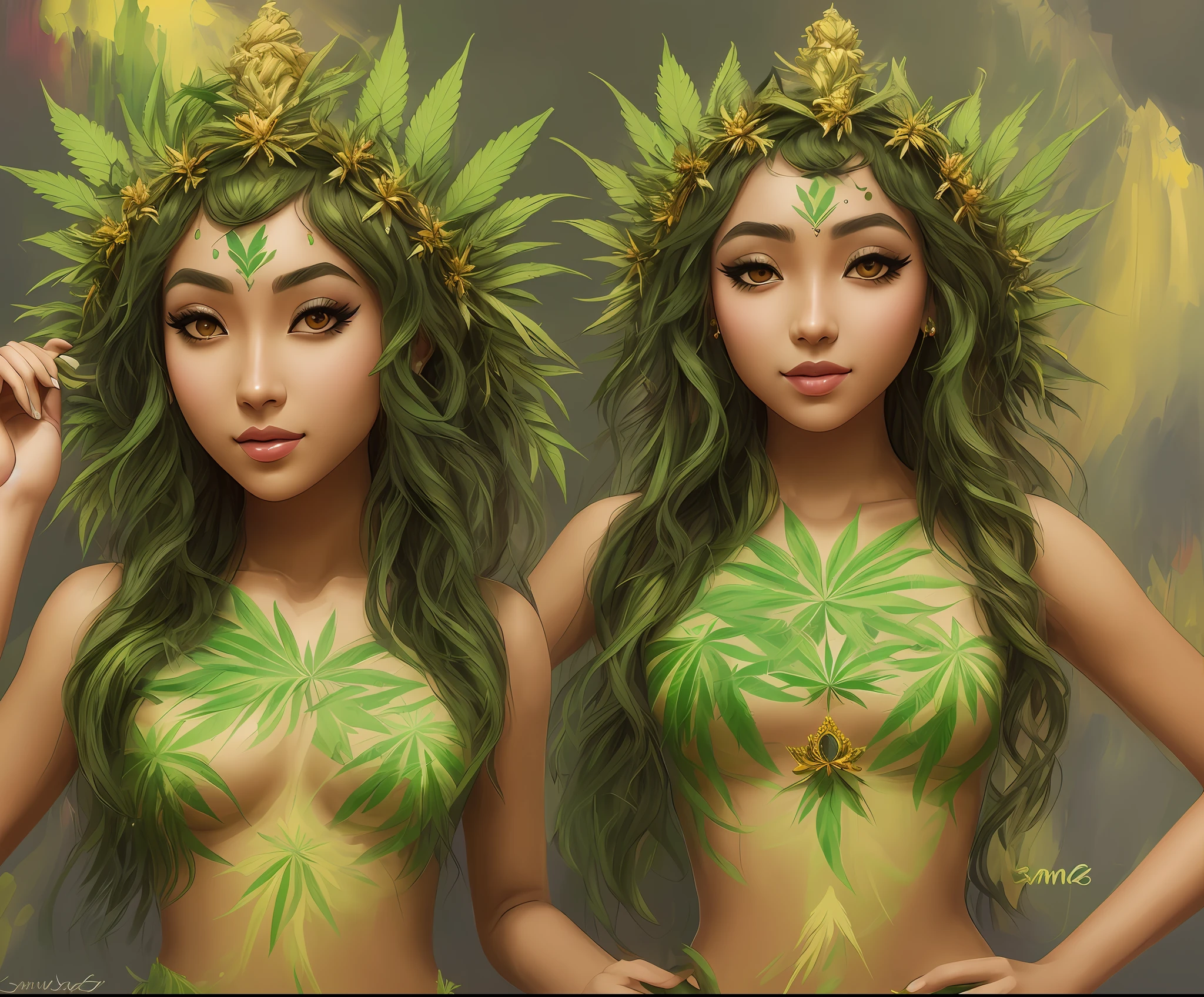 CG art of a beautiful sundanese girl, (marijuana goddess:1.2), (ganja princess:1.1), (marijuana leaf crown:1.2), cute girl, glamor pose, smirk, eyebrow up, (paint by SamDoesArts:1.3)