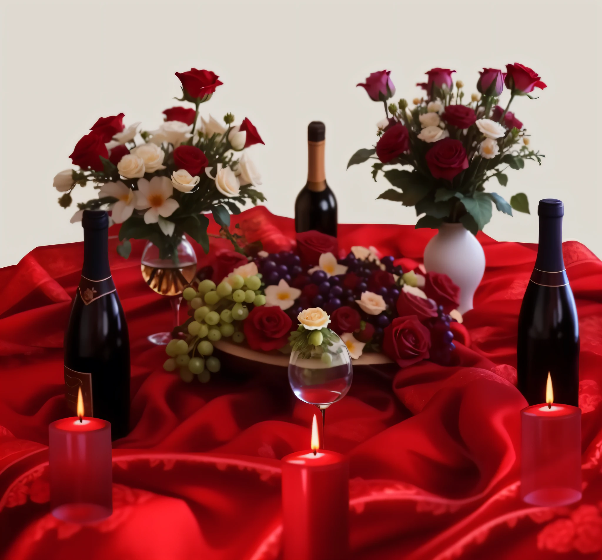 there are many bottles of wine and flowers on a table, romantic themed, romantic, romantic atmosphere, romantic!!!, romantic ambiente, wine, very romantic, on a velvet table cloth, romantic mood, on a sumptuous tablecloth, on a sumptuous velvet tablecloth, in romantic style, centerpiece, on a velvet tablecloth, by Susan Heidi