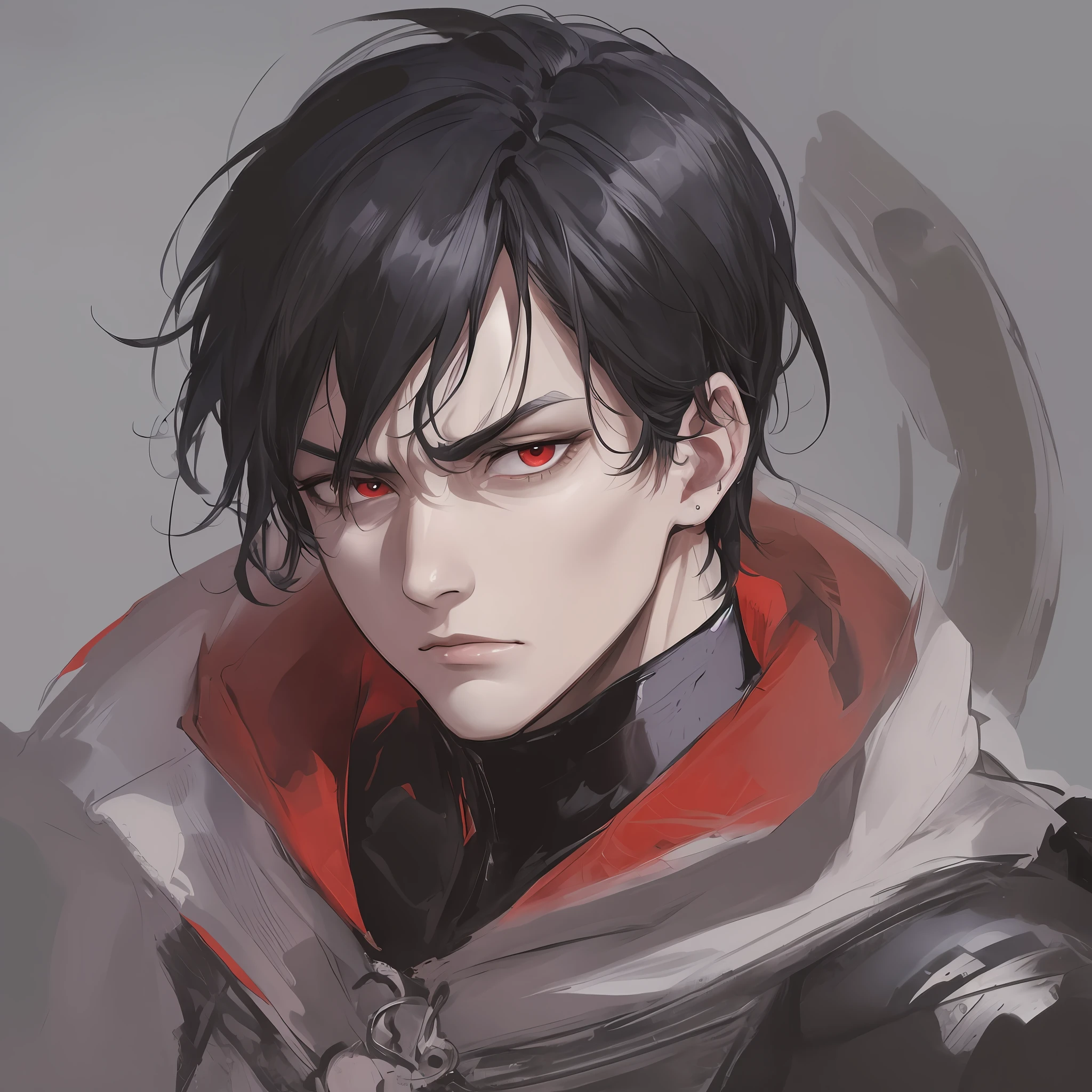 "(cartoon, painting style, close up centered portrait) portraying a man wearing a black turtle neck, very dark defined circle around the eyes, half-closed eyes, red pupils, angry expression, and short black hair, defined lips, defined neck, defined jawline, looking at the viewer, blank background, - resulting in a masterpiece of the best possible quality