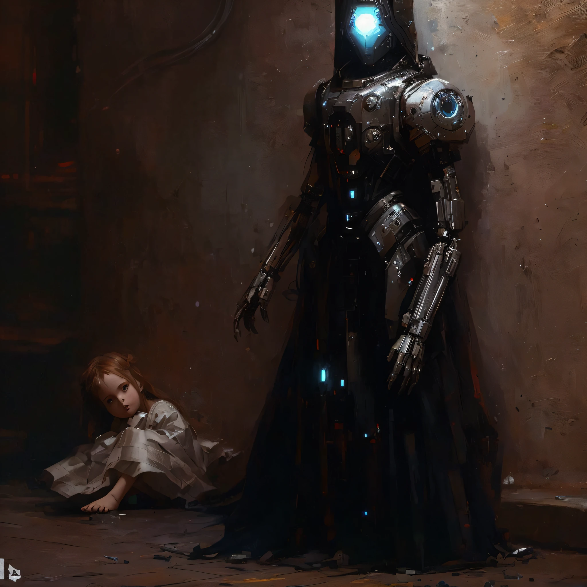 there is a robot standing next to a little girl in a dress, dark sci-fi art, stefan koidl inspired, inspired by Wadim Kashin, pino daeni and dan mumford, wadim kashin. ultra realistic, greg rutkowski and krenzcushart, craig mullins dark key, sci-fi fantasy art, dark fantasy sci fi