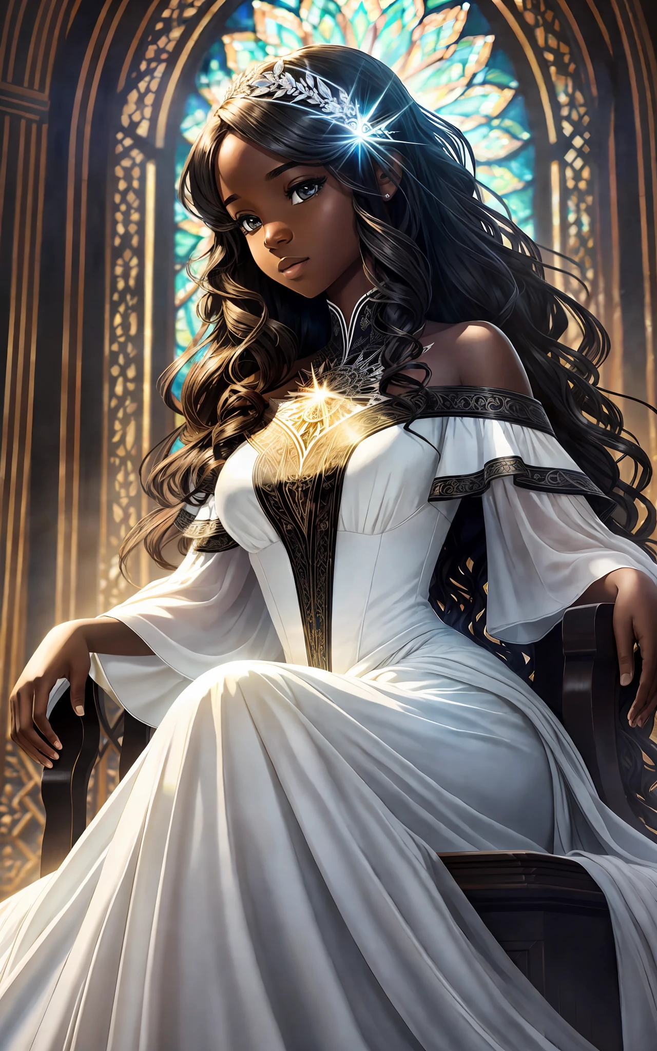 award winning 64k concept art of (black 1girl:1.2) in white majestic dress sitting on the throne in the mountains, posing, epic, god rays, centered, (masterpiece:1.2), (best quality:1.2), Amazing, highly detailed, beautiful, finely detailed, warm soft color grading, Depth of field, extremely detailed 8k, fine art, stunning, iridescent, shiny, (light reflections:1.2), (crisp:1.5), curls, wind, vibrant, sunlit, (edge detection:1.2)