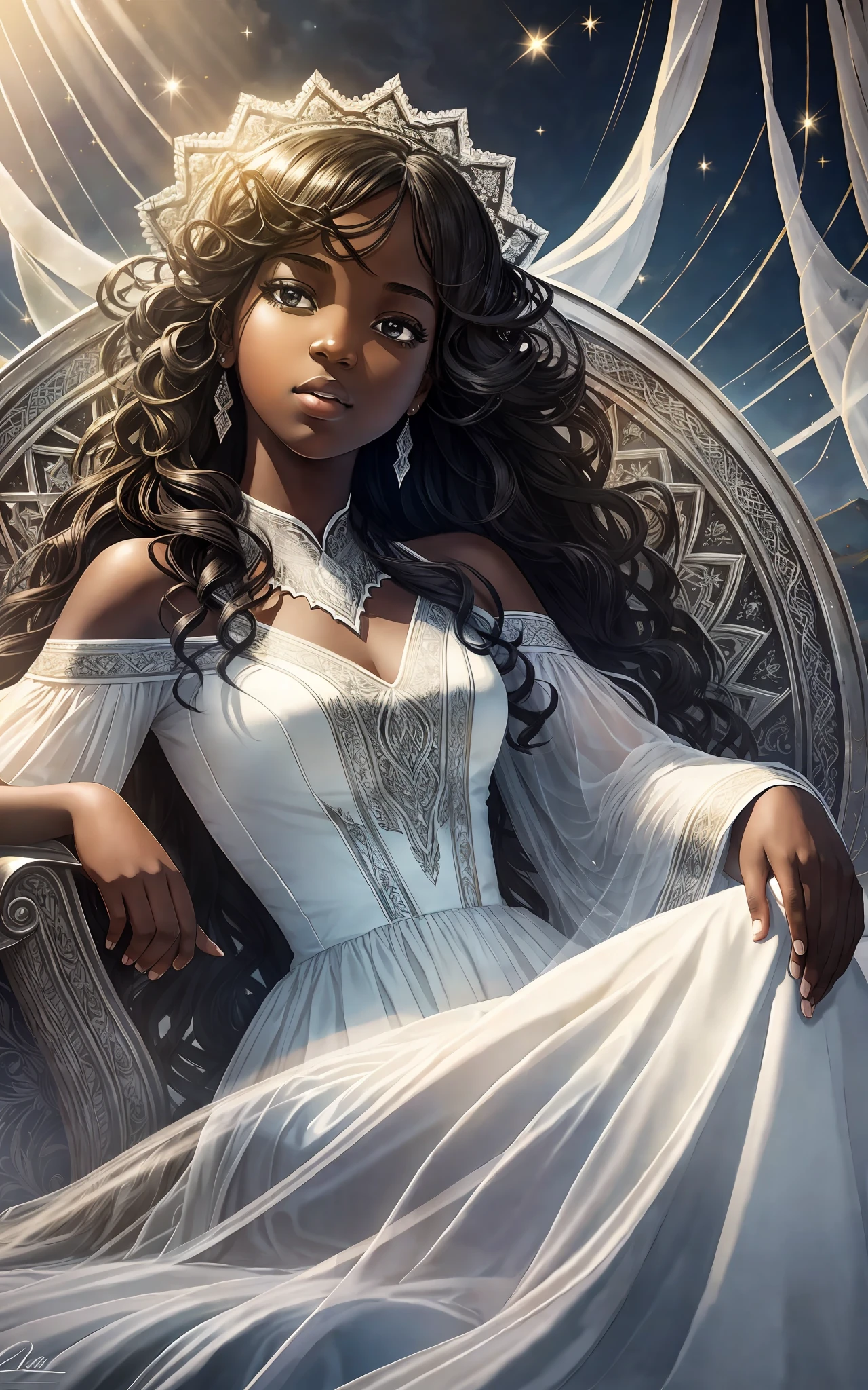 award winning 64k concept art of (black 1girl:1.2) in white majestic dress sitting on the throne in the mountains, posing, epic, god rays, centered, (masterpiece:1.2), (best quality:1.2), Amazing, highly detailed, beautiful, finely detailed, warm soft color grading, Depth of field, extremely detailed 8k, fine art, stunning, iridescent, shiny, (light reflections:1.2), (crisp:1.5), curls, wind, vibrant, sunlit, (edge detection:1.2)