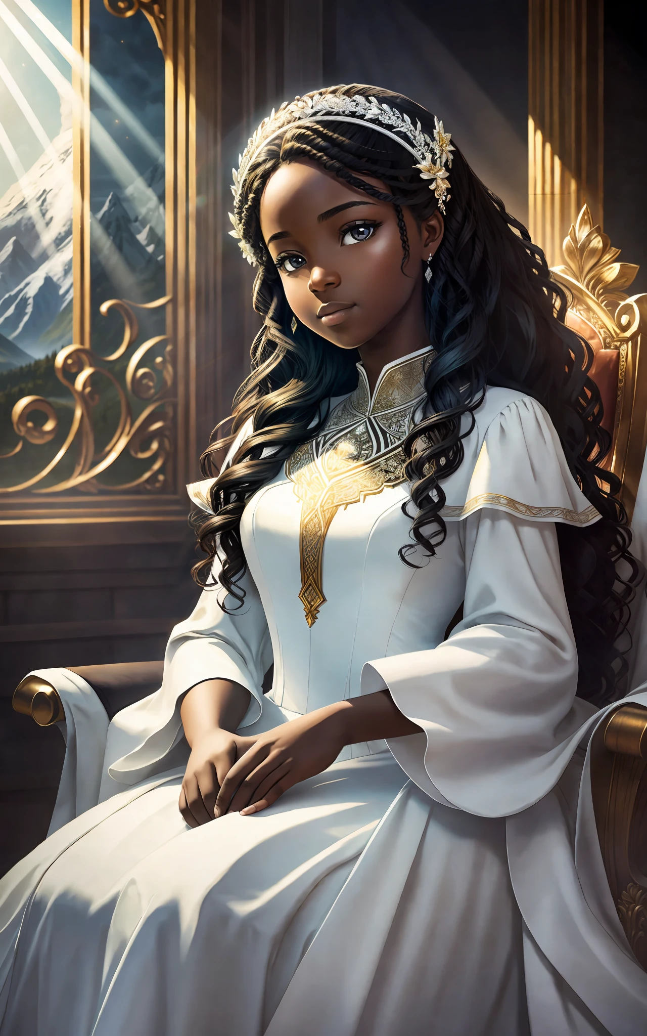 award winning 64k concept art of (black 1girl:1.2) in white majestic dress sitting on the throne in the mountains, posing, epic, god rays, centered, (masterpiece:1.2), (best quality:1.2), Amazing, highly detailed, beautiful, finely detailed, warm soft color grading, Depth of field, extremely detailed 8k, fine art, stunning, iridescent, shiny, (light reflections:1.2), (crisp:1.5), curls, wind, vibrant, sunlit, (edge detection:1.2)