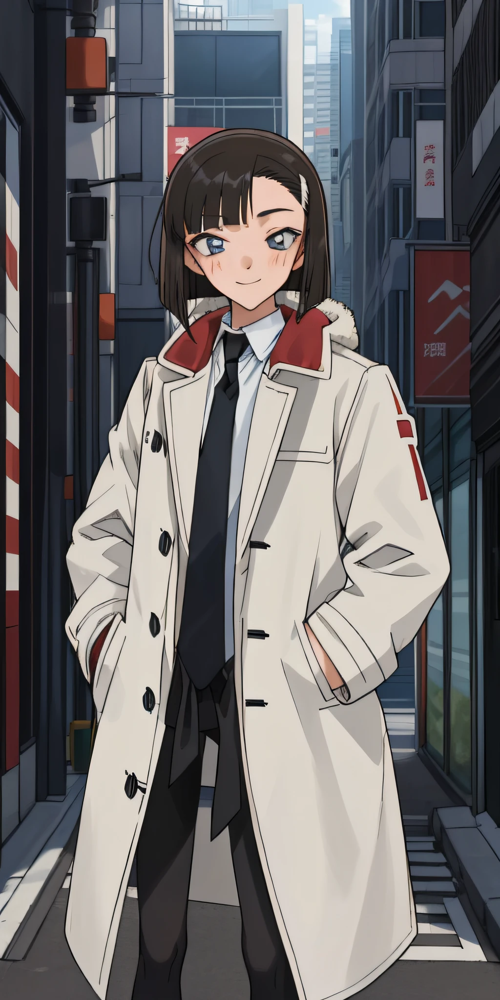 ((masterpiece)), (8k, high_resolution),(best quality), Sonoko, 1girl, solo, blue eyes, pale face, anemic face, bruises under the eyes, black hair, short hair, bob hairstyle, smile, look into the distance, street, city, outdoor, beautiful eyes and detailed face, medium chest, hands in pockets, ((tie red, coat, black coat, black shirt, red tie, black tights: 1.2)), whole body