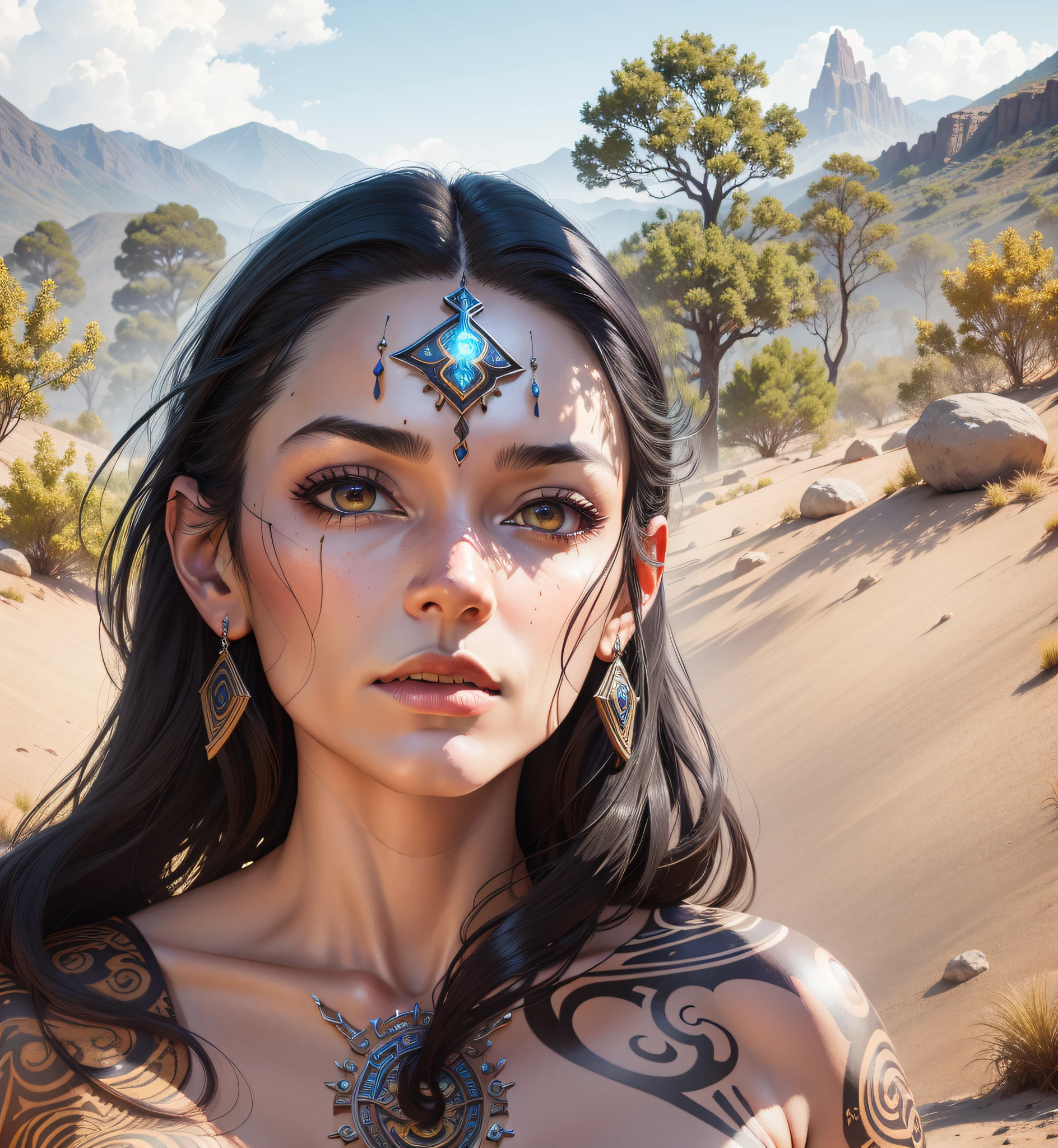 spirituality mature woman 50 yr old with a medium black hair, warrior of light, DMT, psychedelic , psychedelic design, Aura, becoming spiritual, ultrarealistic photorealistic, 8k, artstation, shamanic style , cosmic style. The artwork should have photo-realistic, ultra-realistic, hyper-realistic, 3d full shot, standing pose, in nature, shaman artwork, highly detailed, highly detailed symmetric beautiful hazel eyes, highly detailed gorgeous face, dynamic pose, ethereal, mystical. The artwork should be centered, stylized, and elaborate. rendered in 8K resolution --auto --s2