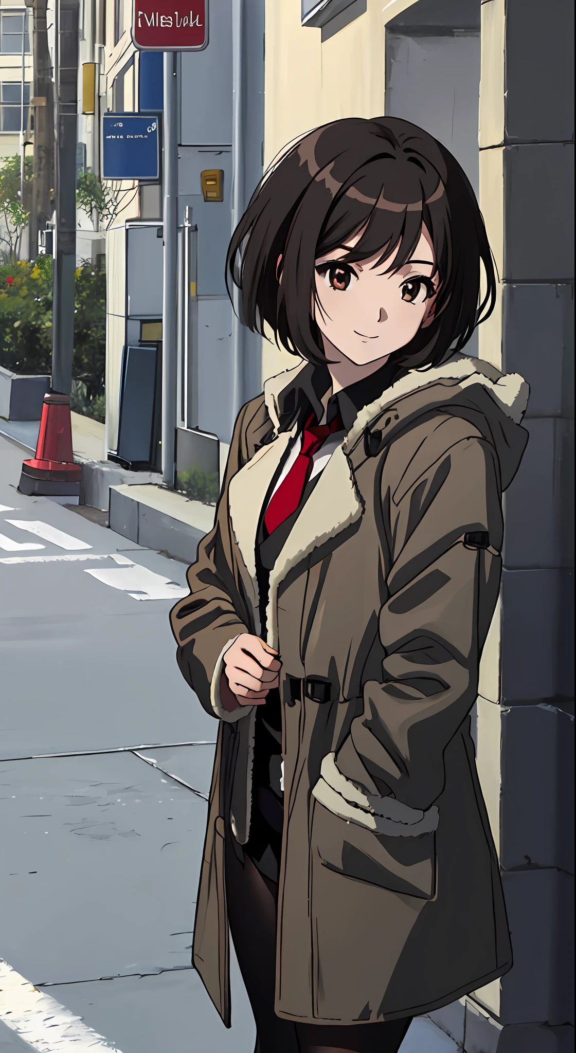 ((masterpiece)), (8k, high_resolution),(best quality), 1girl, solo, brown eyes, pale face, anemic face, bruises under the eyes, black hair, short hair, bob hairstyle, smile, look, street, city, outdoor, beautiful eyes and detailed face, medium breasts, hands in pockets, ((coat, red coat, black shirt, red tie, black tights: 1.2)), whole body
