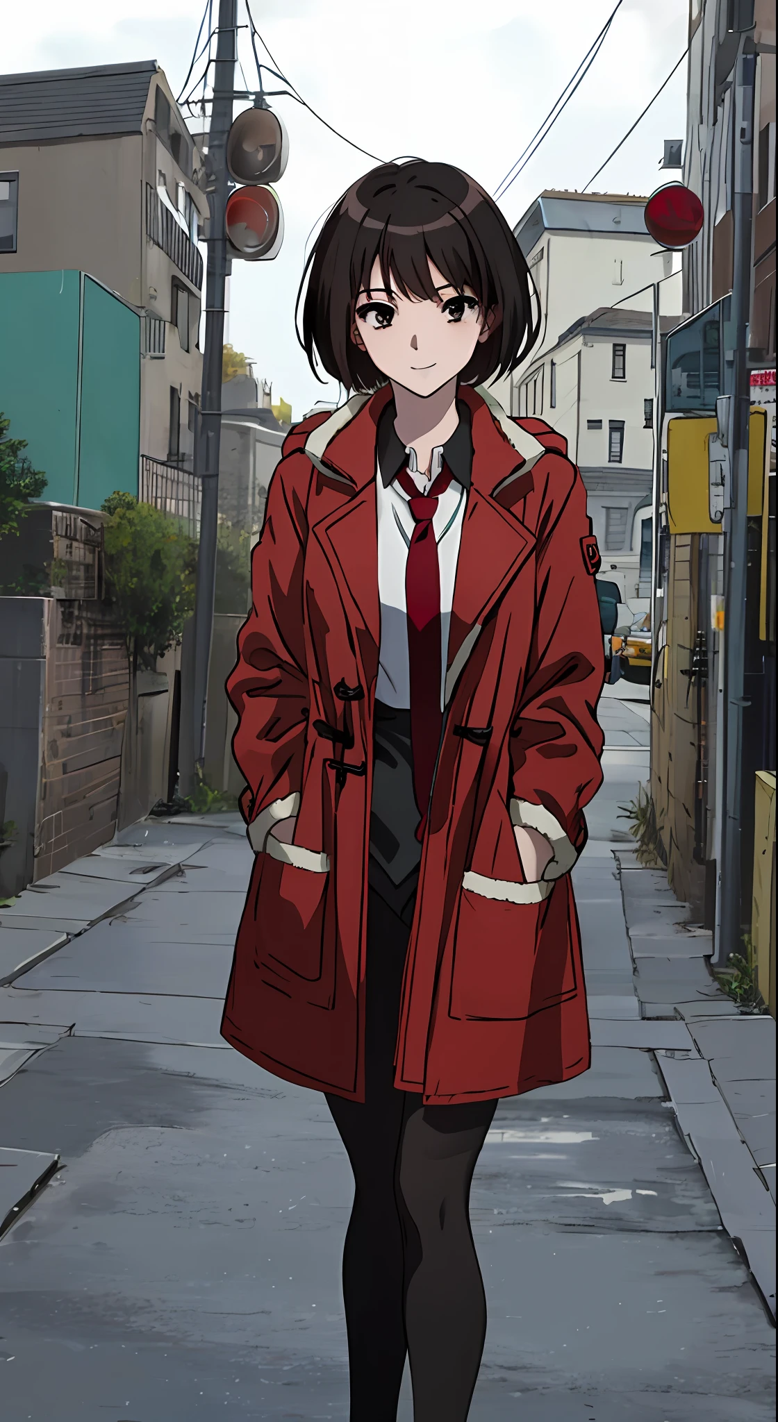 ((masterpiece)), (8k, high_resolution),(best quality), 1girl, solo, brown eyes, pale face, anemic face, bruises under the eyes, black hair, short hair, bob hairstyle, smile, look, street, city, outdoor, beautiful eyes and detailed face, medium breasts, hands in pockets, ((coat, red coat, black shirt, red tie, black tights: 1.2)), whole body
