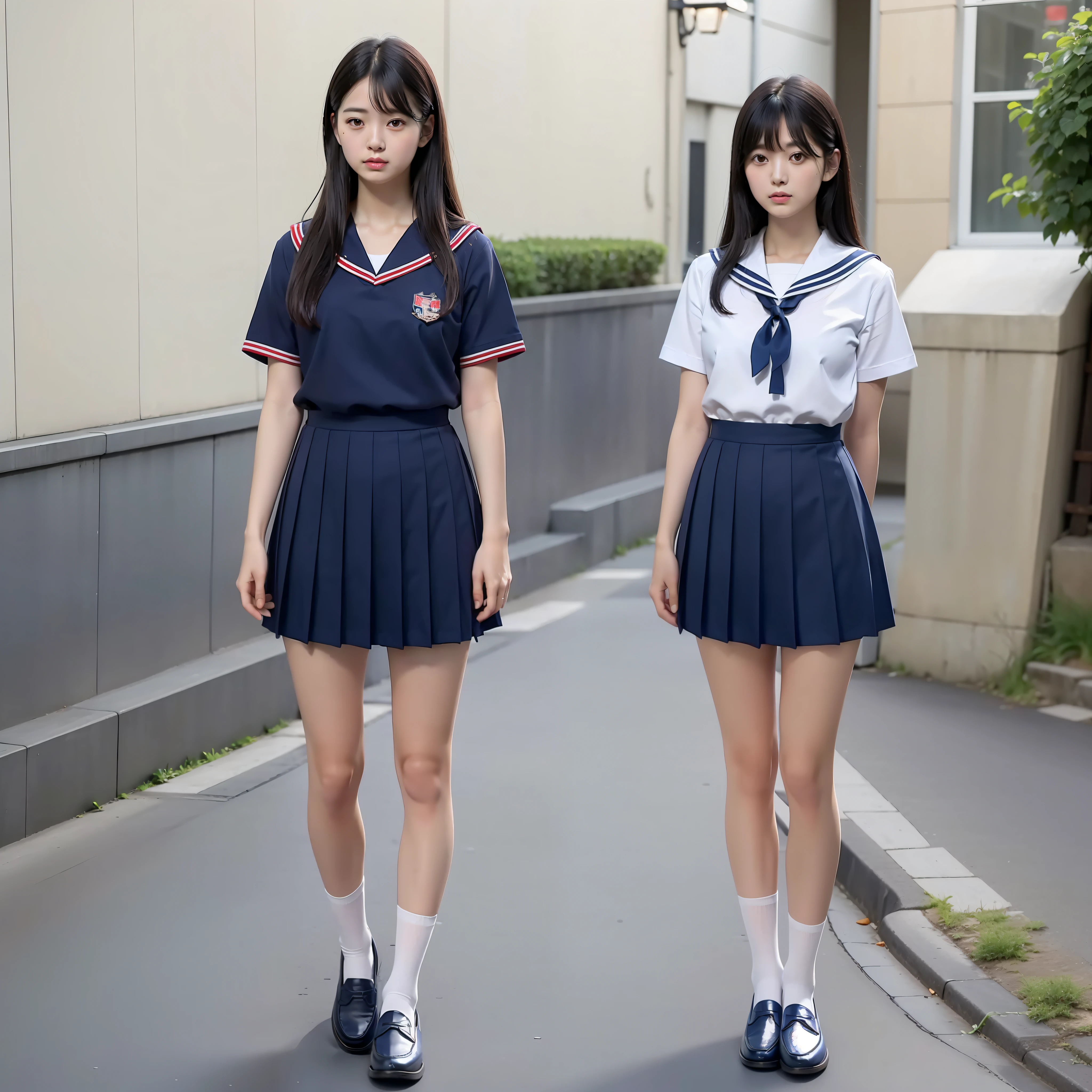 Sailor suit, short sleeves, navy blue skirt, navy blue collar, red tie, long straight hair, black hair, Japan person, white socks, loafers, beautiful style, beautiful legs, (from the knee up), standing figure