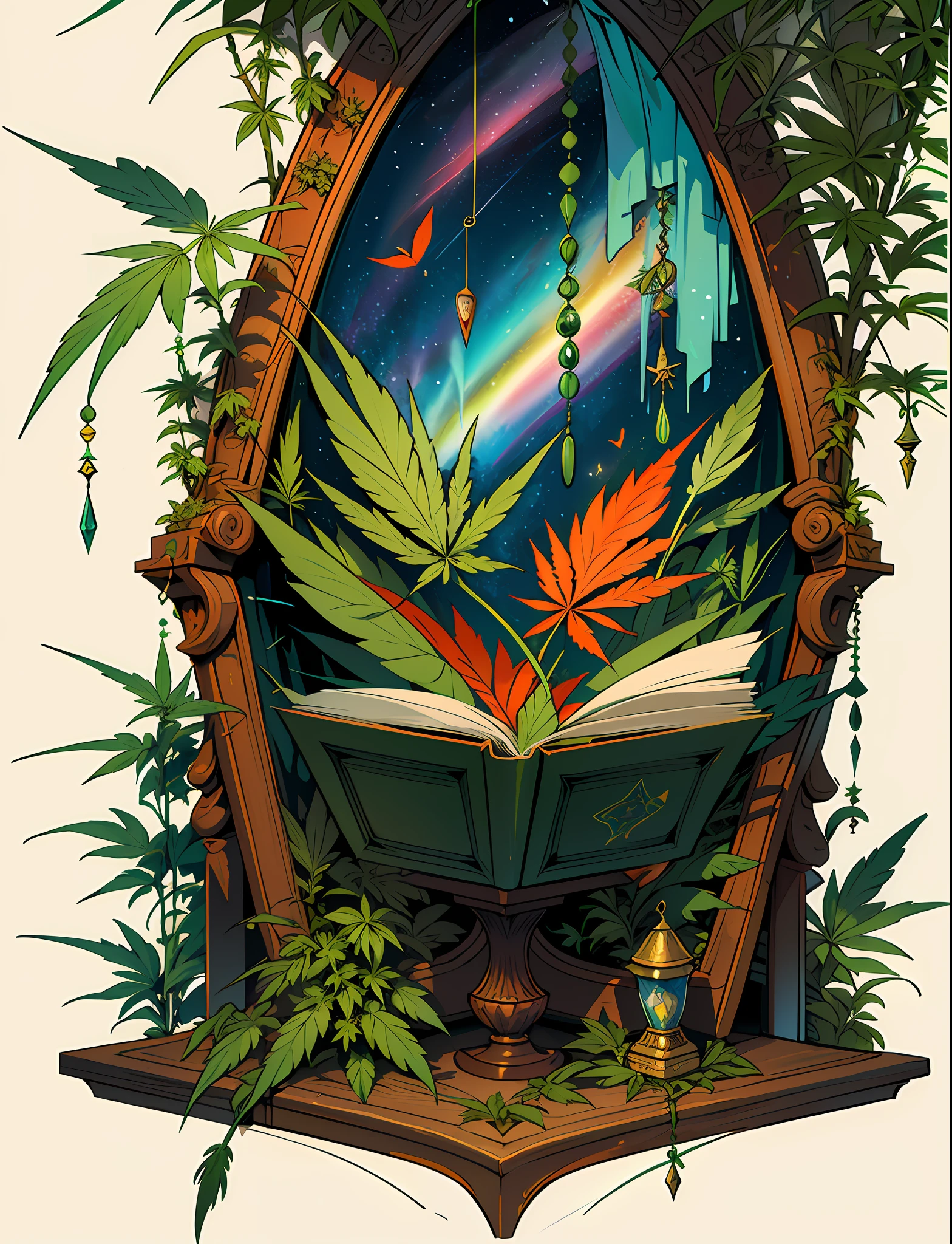 Close up closeup Hemp, leaf, marijuana, cannabis cone, ((illustration)), colorful, wallpaper, energy, secret, magical environment, magical environment, magic wand, books, pages flying in the sky, omniscience, prediction of the future, understanding the past, frost magic, spells, red hair, long hair, --v 6