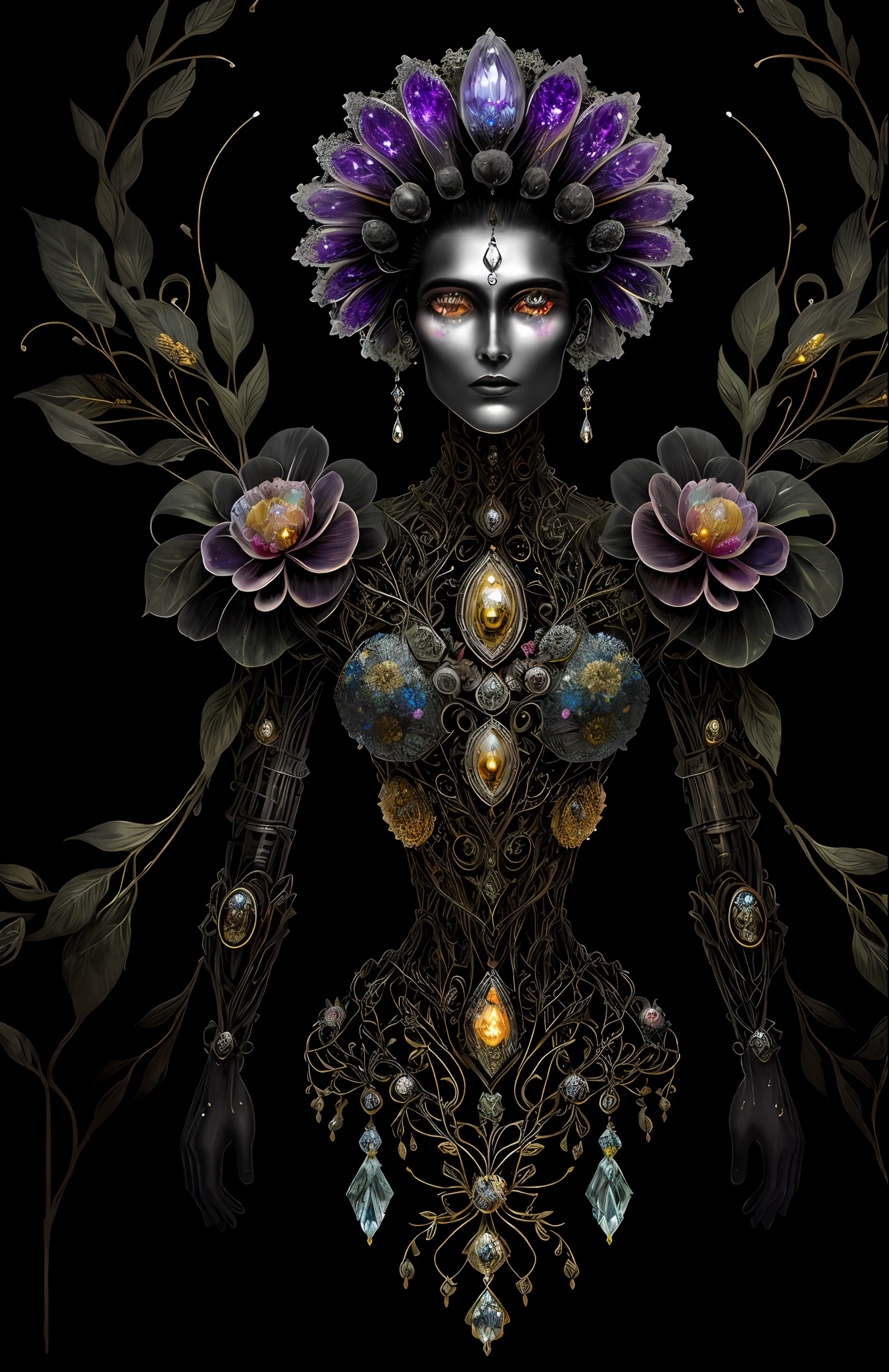 "Rosen maiden, (masterpiece, best quality), (illustration), strange fungal disease dense forest, transparent sticky substance, caustics, crystals, close-up, intricate details, dark background, sparkling spores, rainbow crystals, darkness", made of metal, cyborg: 1.1, [detailed wire]: 1.3, (complex details), HDR, (complex details, hyperdetailed: 1.2),