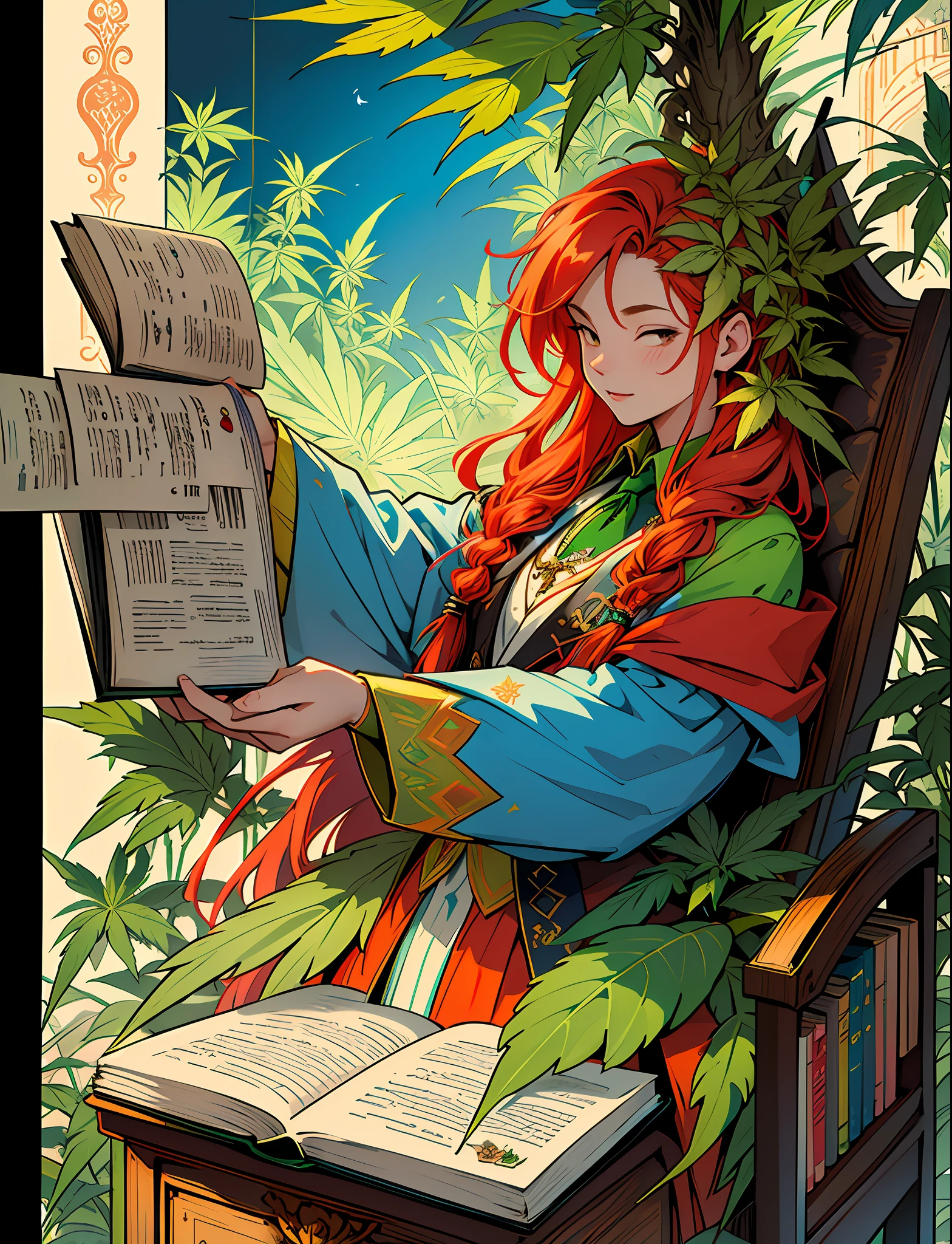 Close up closeup Hemp, leaf, marijuana, cannabis cone, ((illustration)), colorful, wallpaper, energy, secret, magical environment, magical environment, magic wand, books, pages flying in the sky, omniscience, prediction of the future, understanding the past, frost magic, spells, red hair, long hair, --v 6