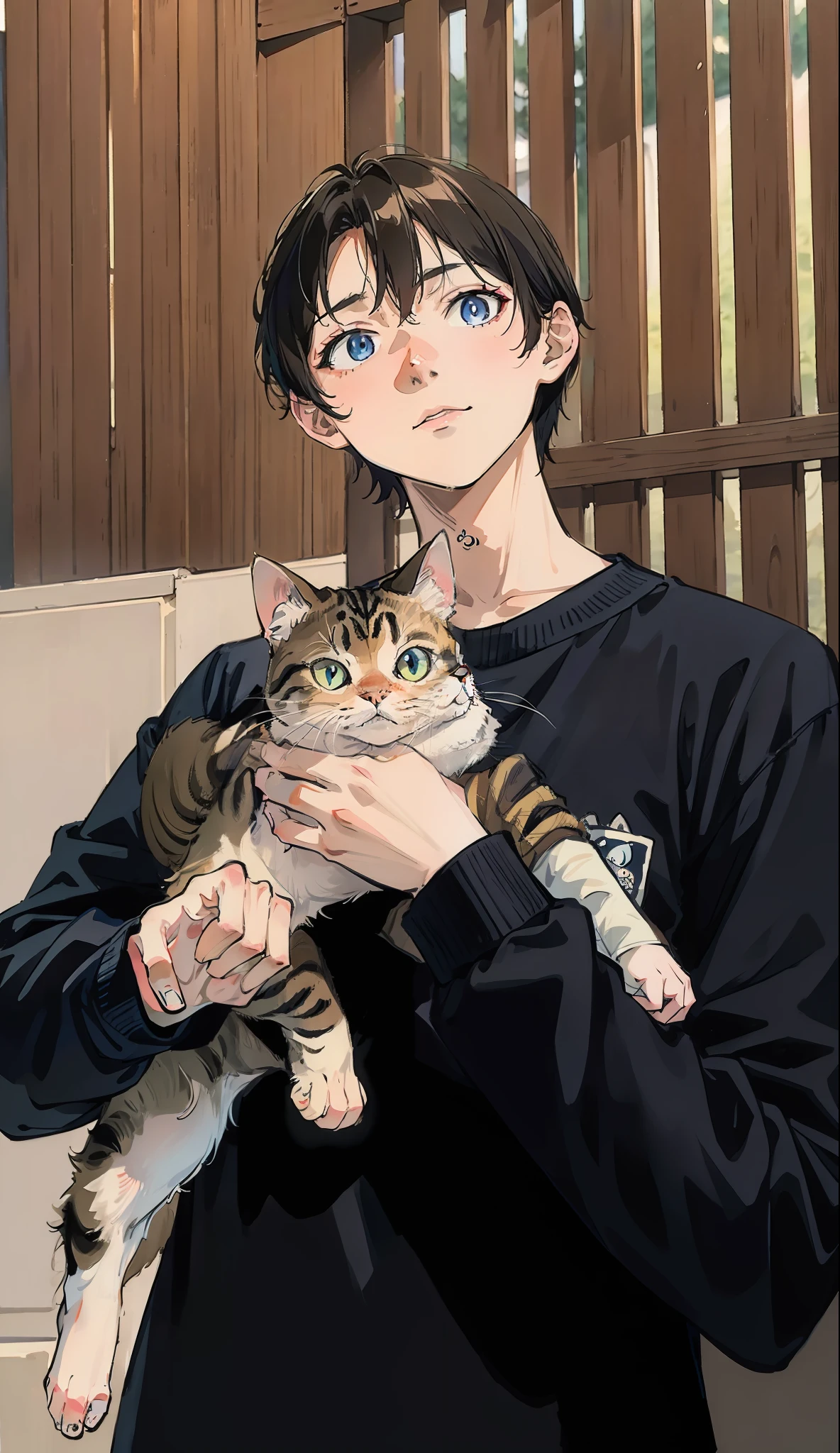 A teenage Korean holding a cat