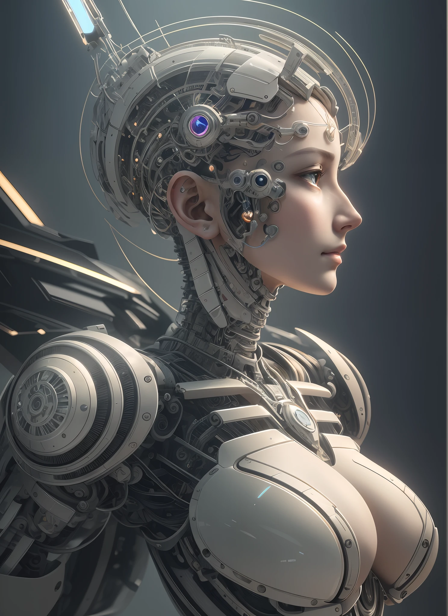 complex 3d render ultra detailed of a beautiful porcelain profile woman android face, cyborg, robotic parts, 150 mm, beautiful studio soft light, rim light, vibrant details, luxurious cyberpunk, lace, hyperrealistic, anatomical, facial muscles, cable electric wires, microchip, elegant, beautiful background, octane render, H. R. Giger style, 8k, best quality, masterpiece, illustration, an extremely delicate and beautiful, extremely detailed ,CG ,unity ,wallpaper, (realistic, photo-realistic:1.37),Amazing, finely detail, masterpiece,best quality,official art, extremely detailed CG unity 8k wallpaper, absurdres, incredibly absurdres, robot, silver halmet, full body, sitting
