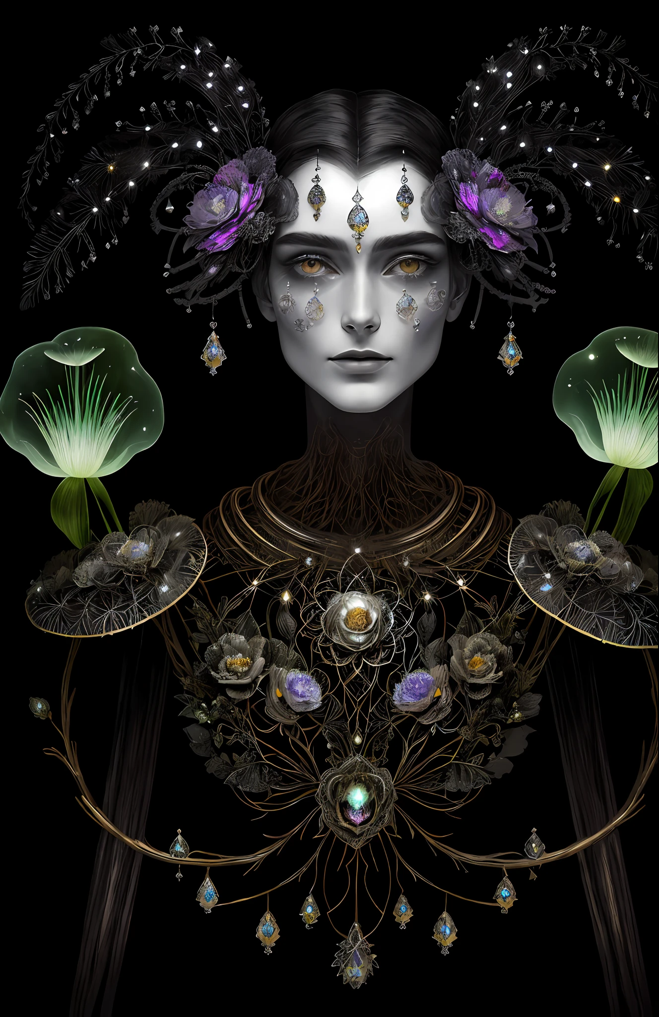 "Rosen maiden, (masterpiece, best quality), (illustration), strange fungal disease dense forest, transparent sticky substance, caustics, crystals, close-up, intricate details, dark background, sparkling spores, rainbow crystals, darkness", made of metal, cyborg: 1.1, [detailed wire]: 1.3, (complex details), HDR, (complex details, hyperdetailed: 1.2),