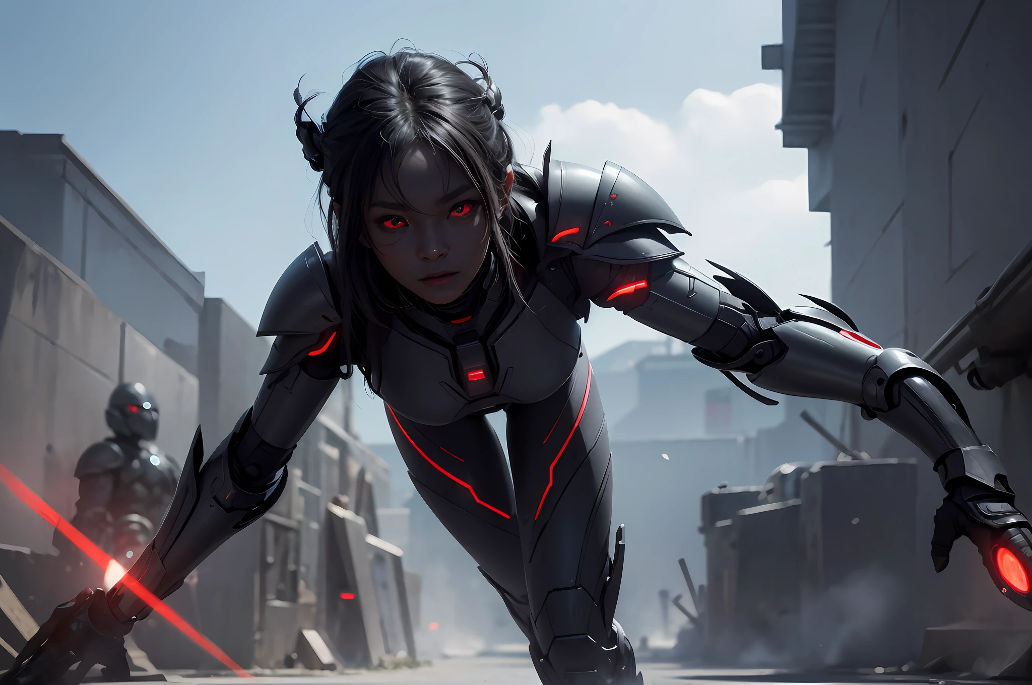 army of beautiful dark-skinned Chinese female aliens invading Earth, (red glowing eyes), (cybernetic armor), ((very sharp details)), ((((dark grey skin)))), ((perfect face)), ((perfect body)),(((correct anatomy))), hyper realistic, realistic face, realistic hair, ultra realistic, masterpiece, (8k, RAW photo, best quality, masterpiece:1.2), (realistic, photo-realistic:1.37), professional lighting, photon mapping, radiosity, physically-based rendering --v 6