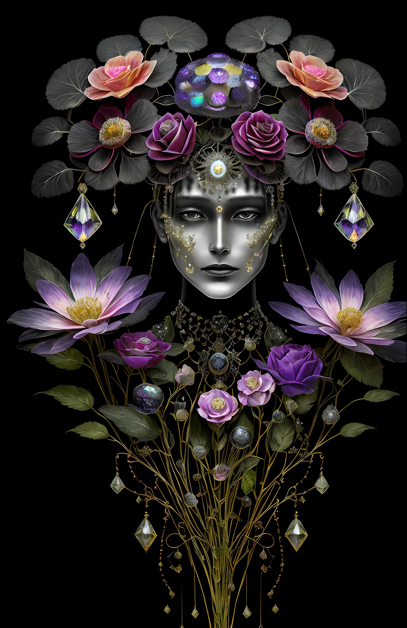 "Rosen maiden, (masterpiece, best quality), (illustration), strange fungal disease dense forest, transparent sticky substance, caustics, crystals, close-up, intricate details, dark background, sparkling spores, rainbow crystals, darkness", made of metal, cyborg: 1.1, [detailed wire]: 1.3, (complex details), HDR, (complex details, hyperdetailed: 1.2),