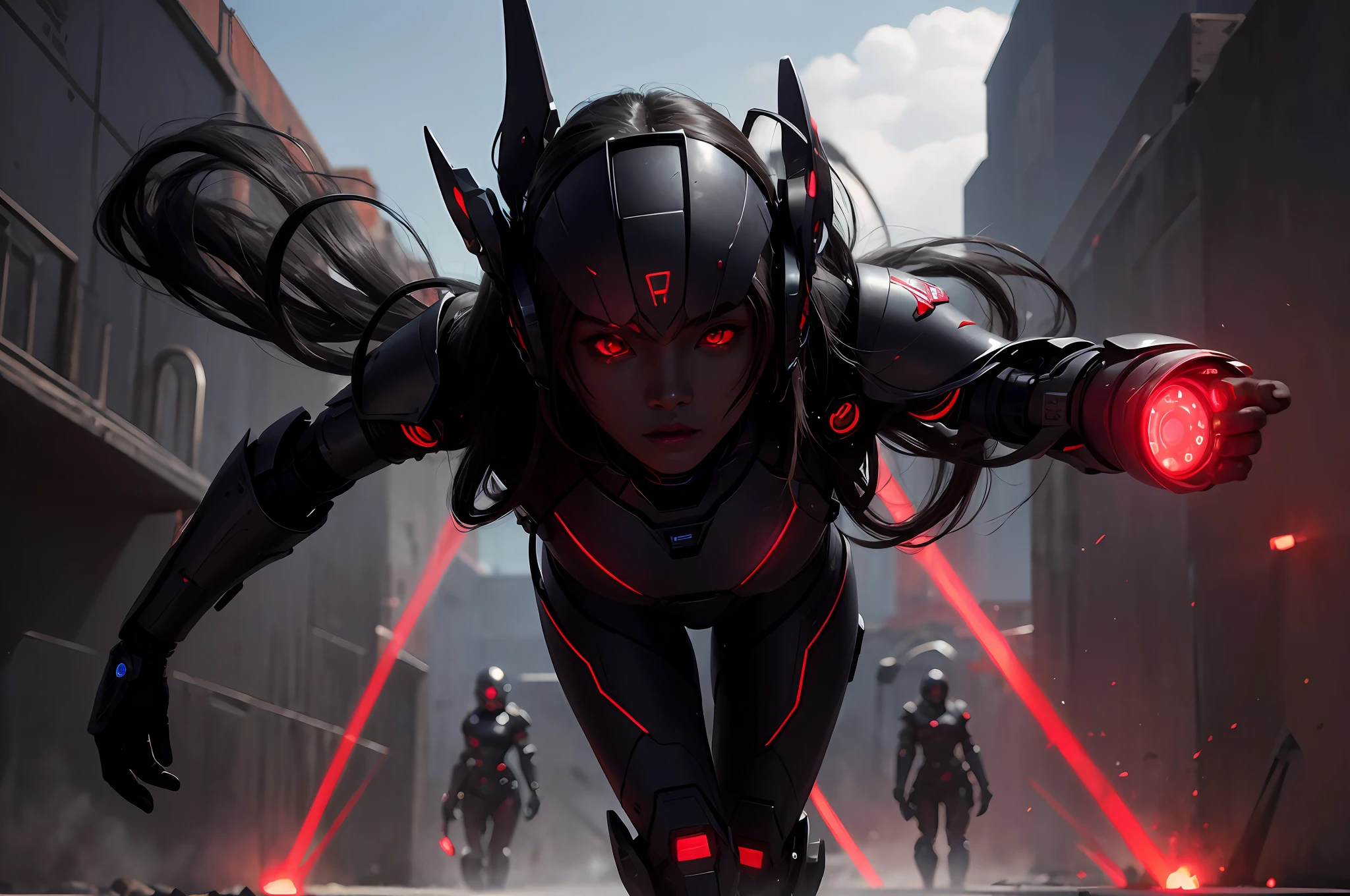 3girls, army of beautiful dark-skinned Chinese lesbian aliens invading Earth, (red glowing eyes), (cybernetic armor) --v 6