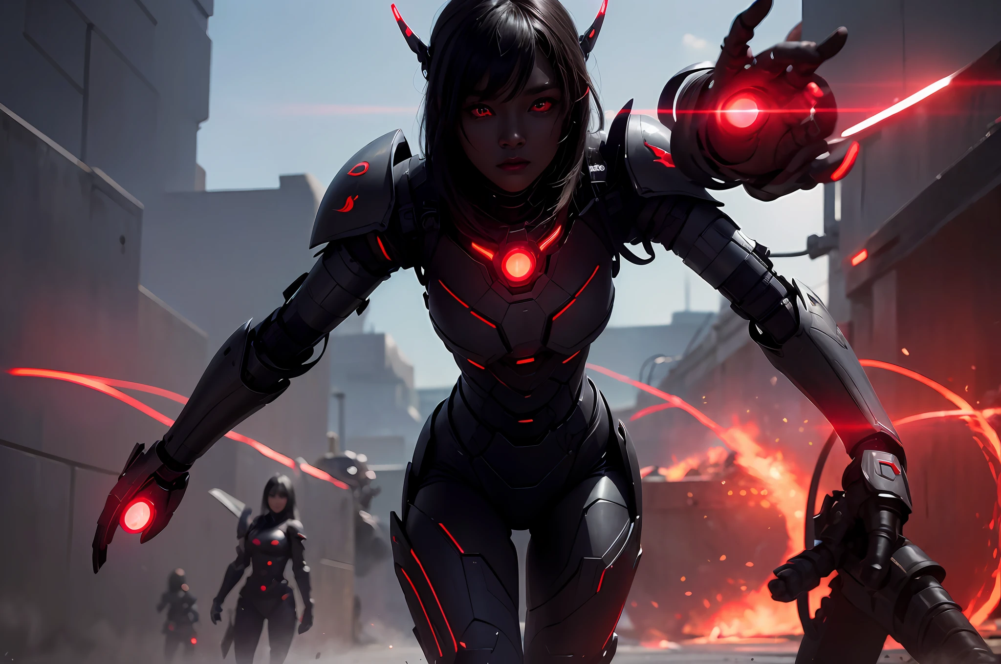 3girls, army of beautiful dark-skinned Chinese lesbian aliens invading Earth, (red glowing eyes), (cybernetic armor) --v 6