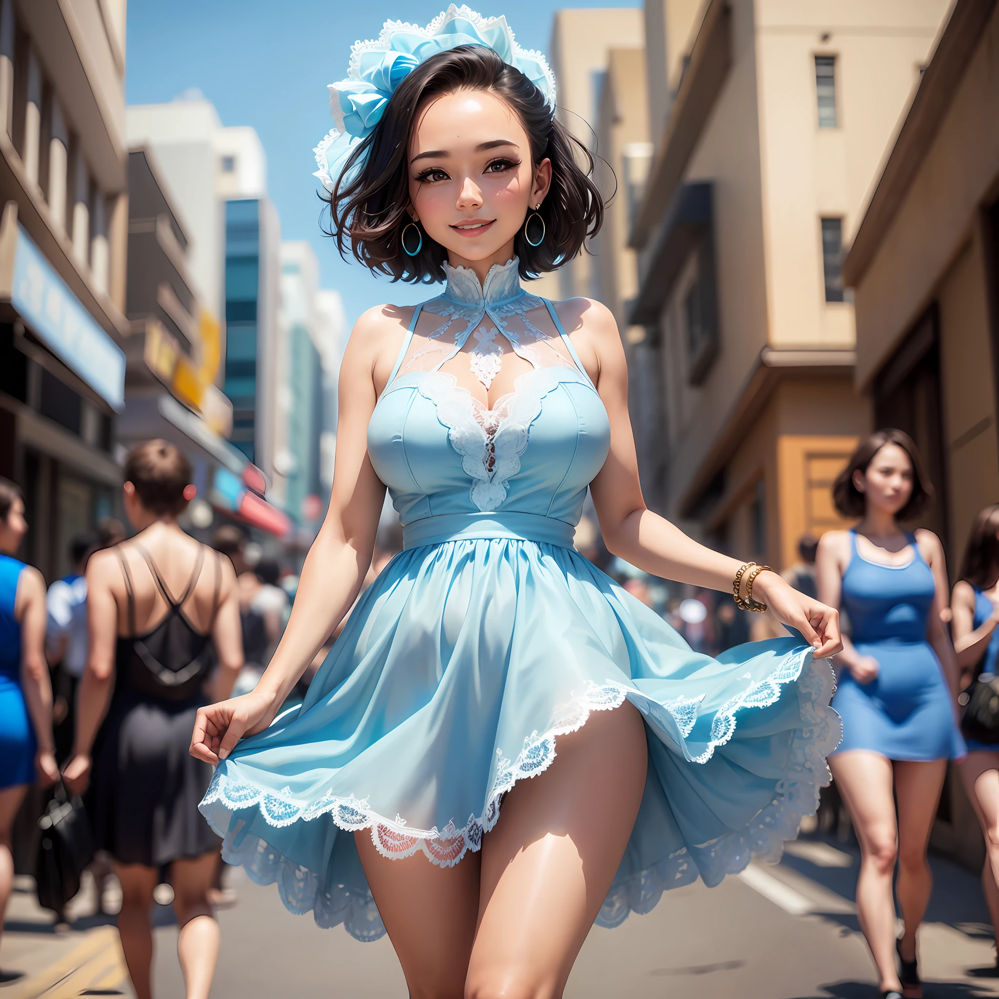 a woman posing on the street corner with light blue dress on, best quality, 1girl, large breasts, day, bright, blur background, bokeh, outdoor, (street:0.8), (people, crowds:1), (lace-trimmed dress:1.5, sleeveless dress, light blue clothes, light blue high-neck dress:1.2, blue dress: 1.5), gorgeous, (short hair, forehead:1.2), beautiful detailed sky, earrings, (dynamic pose:1.2), (upper body:0.8), soft lighting, wind, shiny skin, smile, --auto --s2
