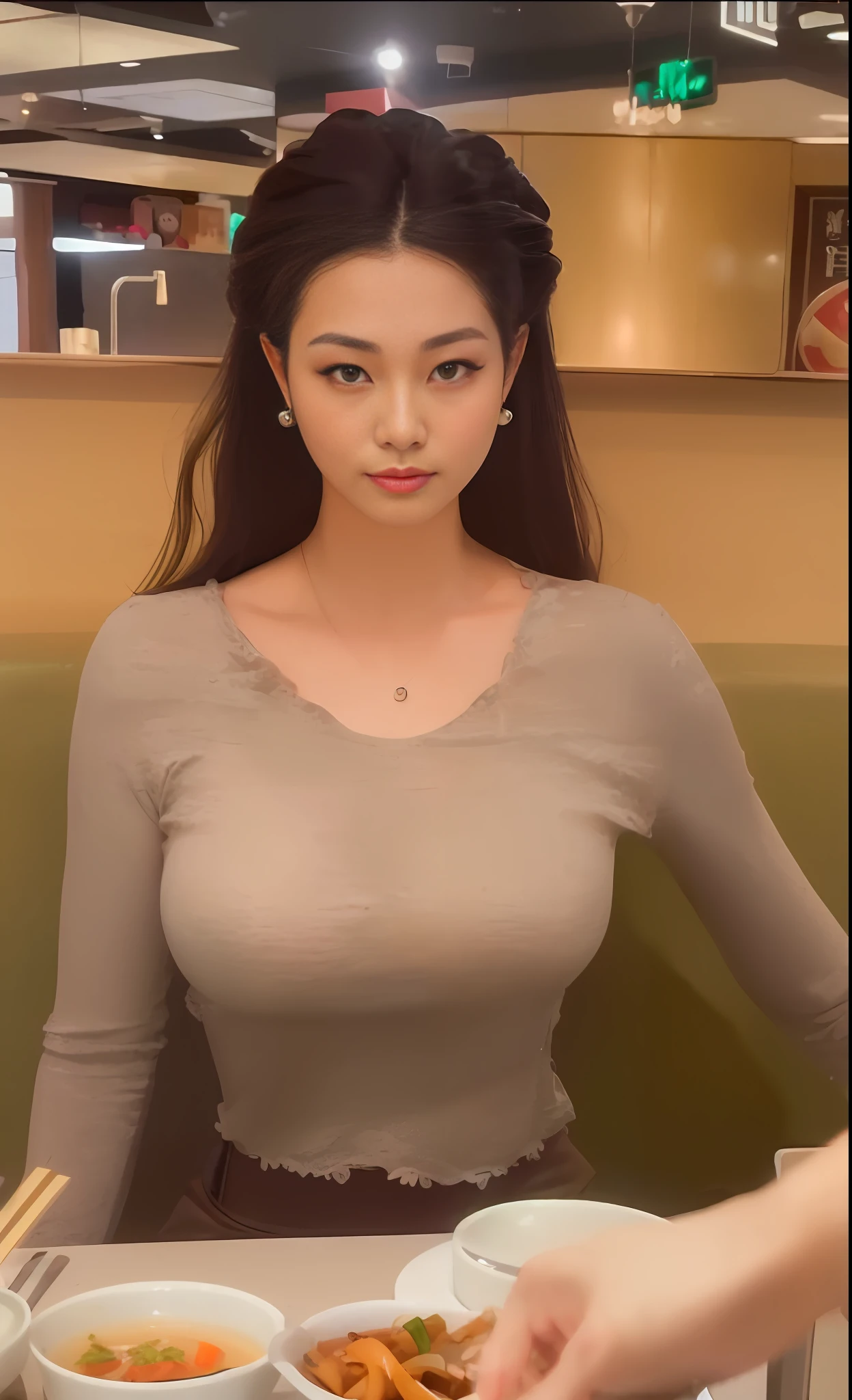 woman sitting at a table with a bowl of soup and a bowl of noodles, gorgeous chinese model, gorgeous young korean woman, beautiful asian girl, beautiful south korean woman, korean girl, beautiful young korean woman, wearing tight shirt, bust with a long beautiful neck, tight shirt, korean woman, attractive pose, cleavage, busty, beautiful asian woman, wearing a cute top, masterpiece, superdeformed, full body: 1.2, ultra high res, RAW photo, masterpiece, ultra detailed, 8k, full detailed hair, highres, best quality, ultra high res, ultra detailed face and eyes, (photorealistic:1.4), looking at viewer, smiling, cute, (ray tracing:1.4), (long legs:1.4), Best quality , masterpiece, large hip, Fully facial detailed, beautiful, ((very detailed of hair )) , (((18 years old))), thin lips, big eyes, highres, seducing, blue eyes , slim waist, 8k, 16k, highres, smile,
karol bak uhd, inspired by hajime sorayama,