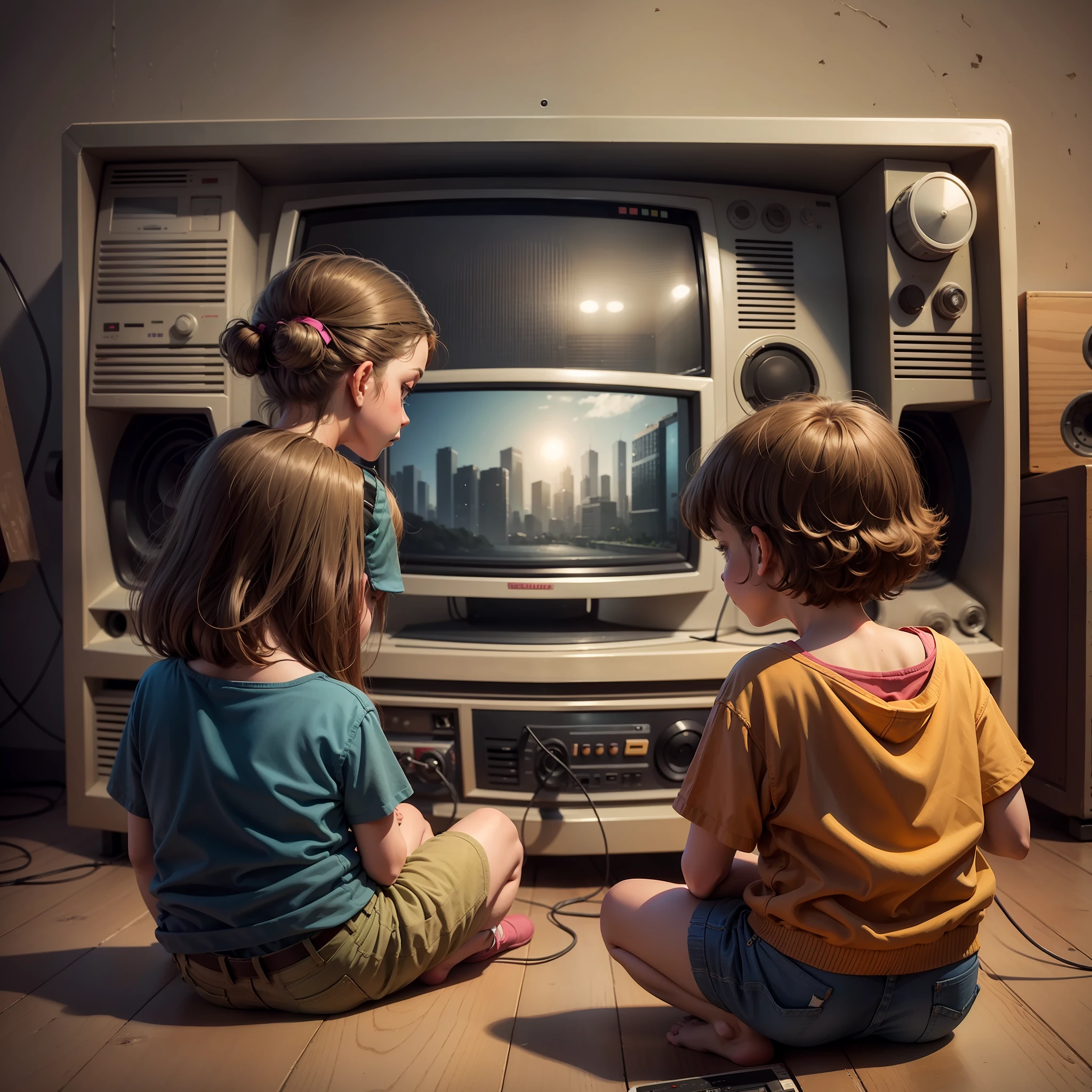 "An old tape on old TV, kids watching '80s TV. Realistic style of better quality and old look."