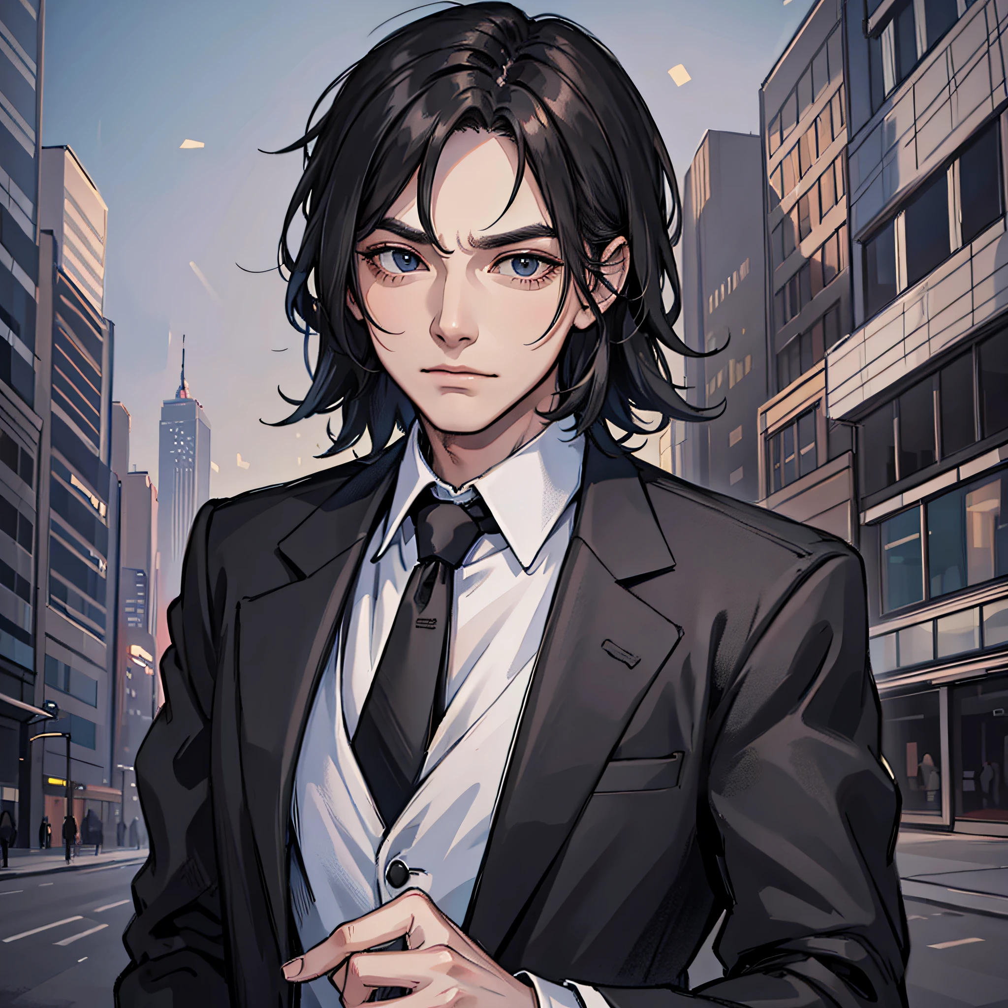 1 man in a black suit, side split hair, high cold, indifferent