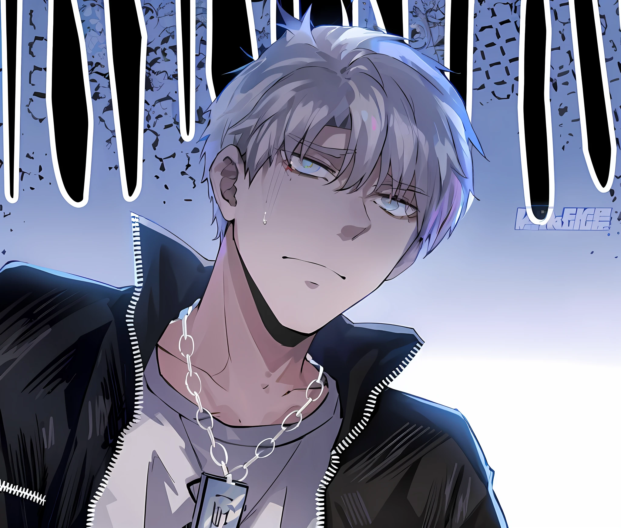 anime boy with white hair and black jacket standing in front of a blue sky, ken kaneki, he has dark grey hairs, kaneki ken, a silver haired mad, giga chad crying, trigger anime artstyle, gray haired, hijikata toushirou of gintama, killua zoldyck black hair, menacing look