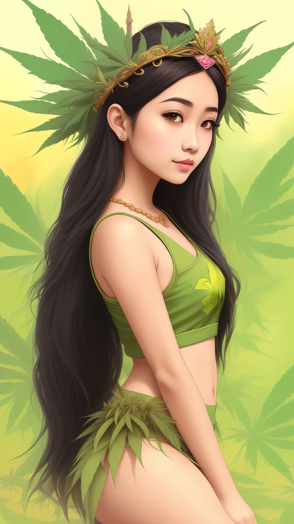 CG art of a beautiful indonesian girl, 1girl, black hair, full shot, (????????? goddess:1.2), (????? princess:1.1), (????????? leaf crown:1.2), cute girl, Sam Yang art,
glamor pose, smirk, eyebrow up, 
pastel color, calm tones, 58 mm,
detailed background,
(paint by SamDoesArts:1.3)