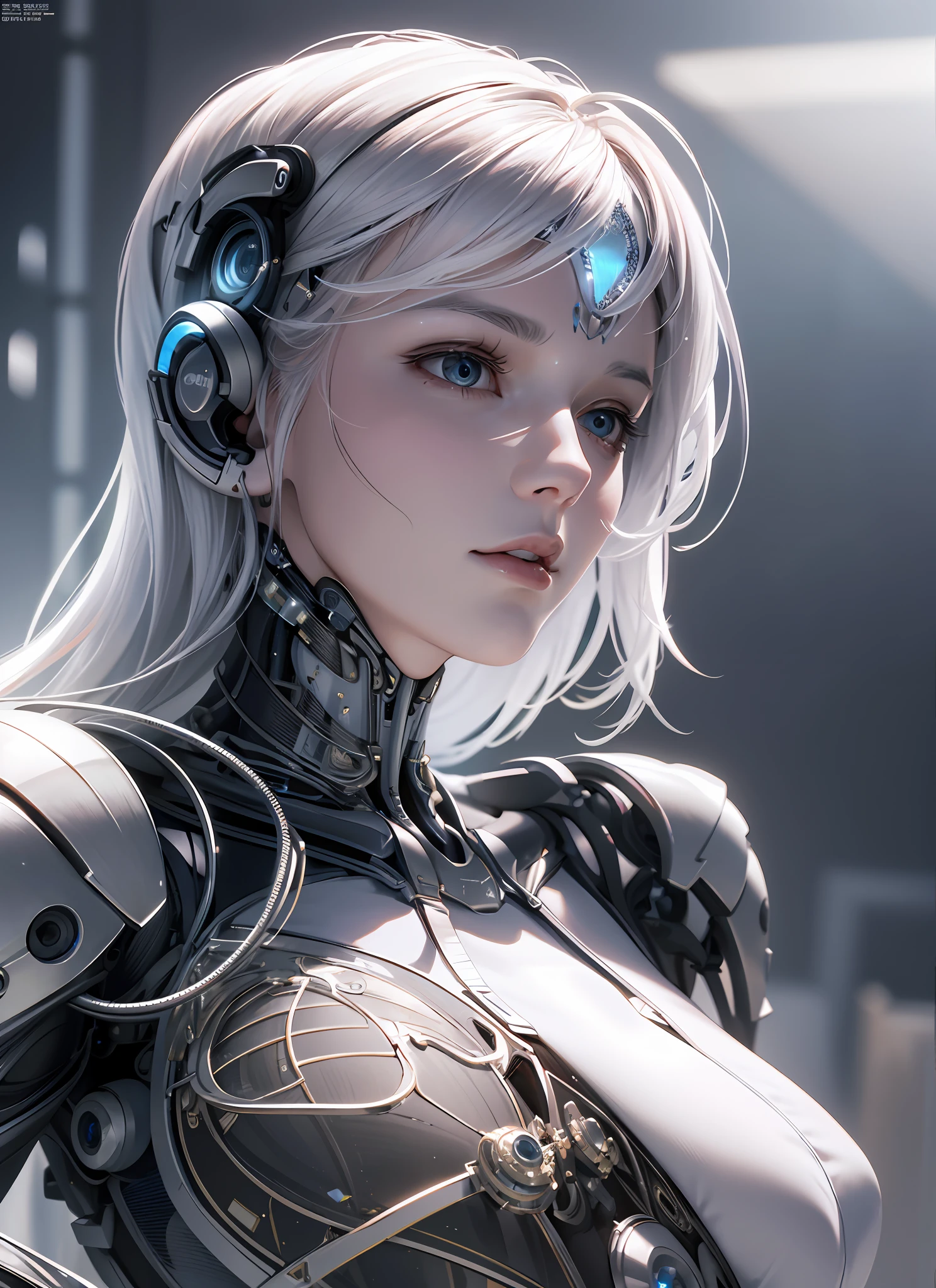 complex 3d render ultra detailed of a beautiful porcelain profile woman android face, cyborg, robotic parts, 150 mm, beautiful studio soft light, rim light, vibrant details, luxurious cyberpunk, lace, hyperrealistic, anatomical, facial muscles, cable electric wires, microchip, elegant, beautiful background, octane render, H. R. Giger style, 8k, best quality, masterpiece, illustration, an extremely delicate and beautiful, extremely detailed ,CG ,unity ,wallpaper, (realistic, photo-realistic:1.37),Amazing, finely detail, masterpiece,best quality,official art, extremely detailed CG unity 8k wallpaper, absurdres, incredibly absurdres, robot, silver halmet, full body, sitting
