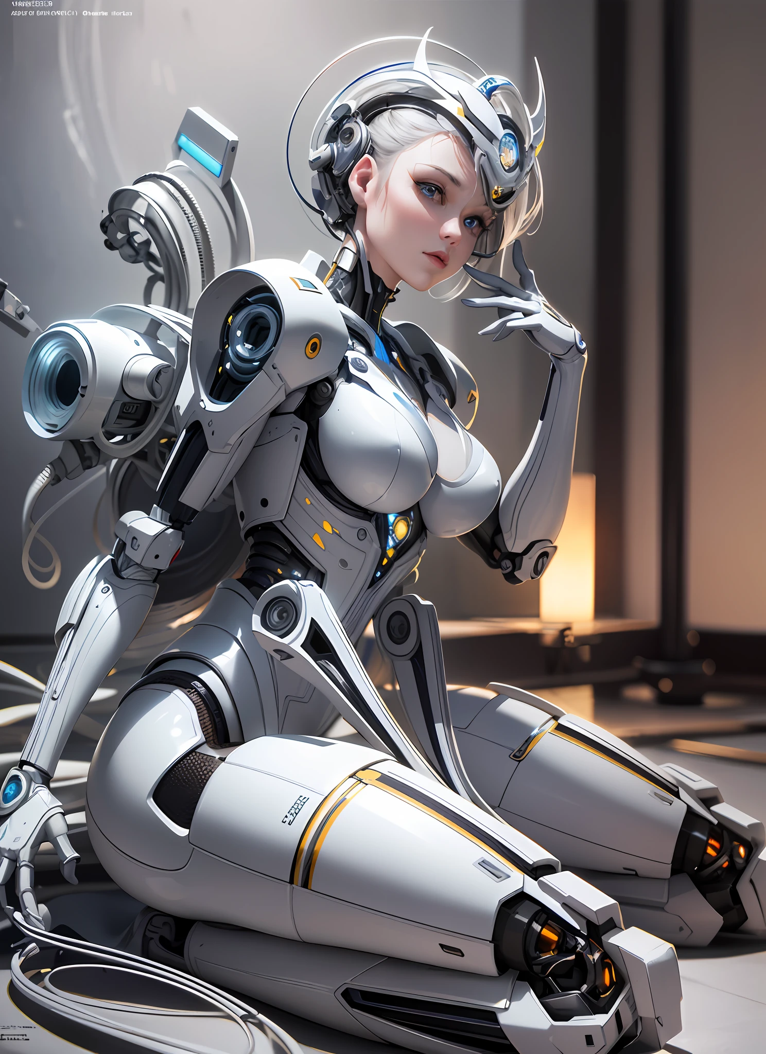complex 3d render ultra detailed of a beautiful porcelain profile woman android face, cyborg, robotic parts, 150 mm, beautiful studio soft light, rim light, vibrant details, luxurious cyberpunk, lace, hyperrealistic, anatomical, facial muscles, cable electric wires, microchip, elegant, beautiful background, octane render, H. R. Giger style, 8k, best quality, masterpiece, illustration, an extremely delicate and beautiful, extremely detailed ,CG ,unity ,wallpaper, (realistic, photo-realistic:1.37),Amazing, finely detail, masterpiece,best quality,official art, extremely detailed CG unity 8k wallpaper, absurdres, incredibly absurdres,  robot, silver halmet, full body, sitting