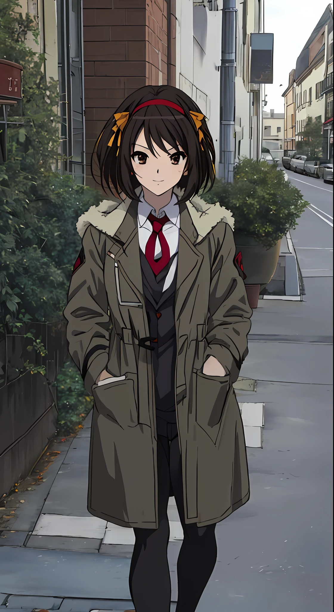 ((masterpiece)), (8k, high_resolution),(best quality), 1girl, solo, brown eyes, pale face, anemic face, bruises under the eyes, black hair, short hair, bob hairstyle, smile, look, street, city, outdoor, beautiful eyes and detailed face, medium breasts, hands in pockets, ((coat, red coat, black shirt, red tie, black tights: 1.2)), whole body, Haruhi Suzumiya, Kyōani Haruh style